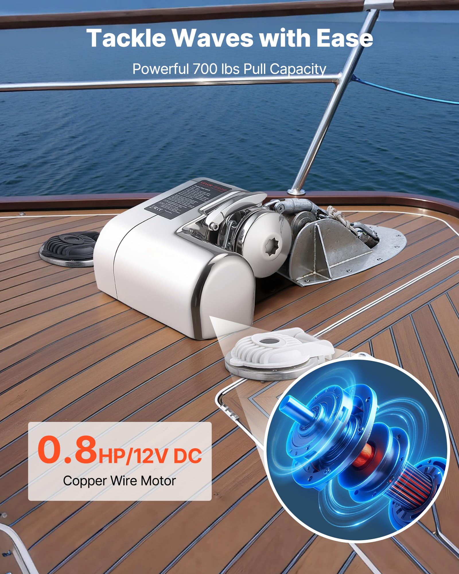 VEVOR Molinete de Ancla Eléctrico de 12 V CC, 600 W, para Cadenas de 6,35 mm y Cuerdas de Nailon de 14 a 16 mm, Carga de Tracción de 260 kg, para Embarcaciones de 7 a 9 m, 233 x 206 x 140 mm