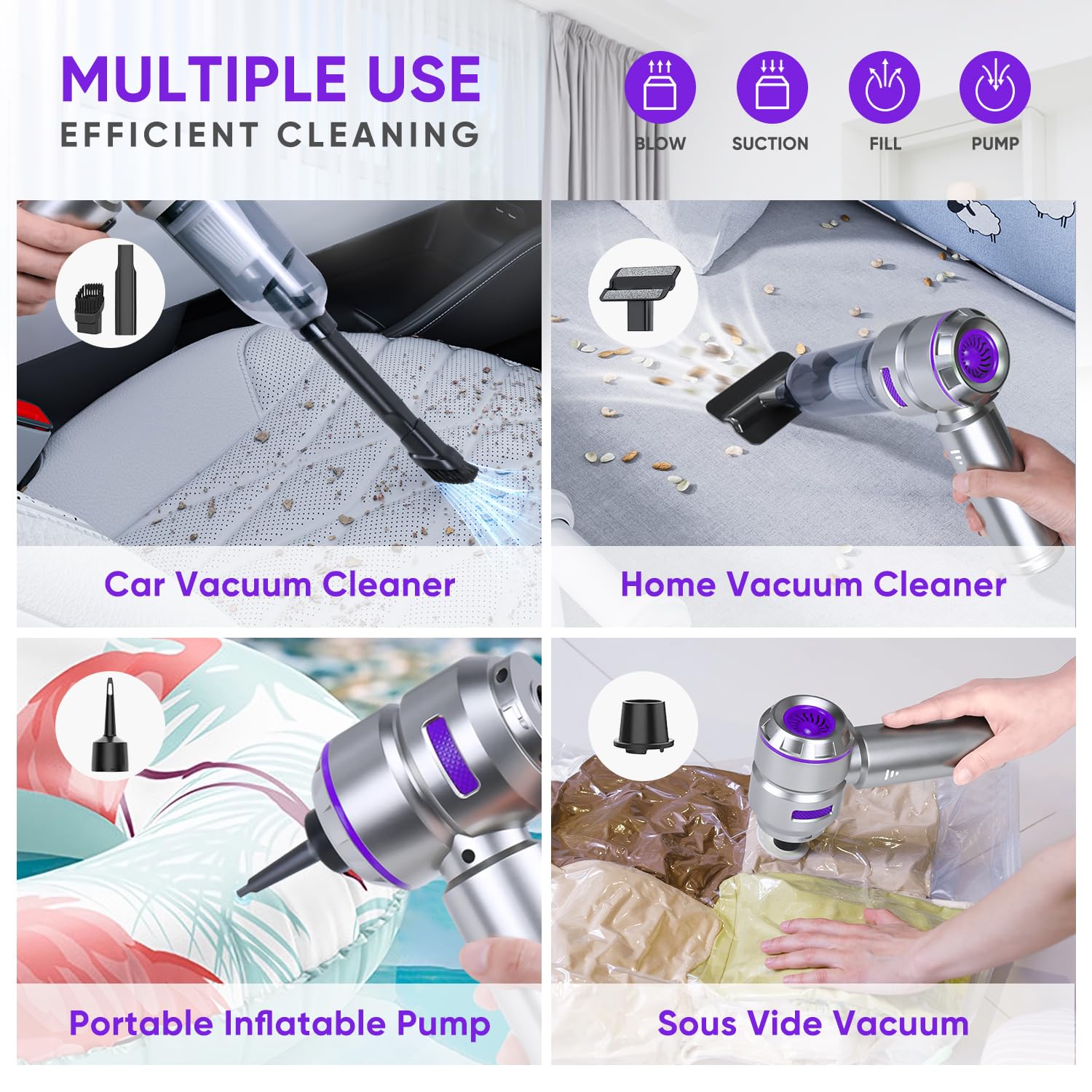 Aspirateur Voiture Puissant sans Fil, 28000 PA 4 en 1 Mini Aspirateur a Main avec Moteur Brushless 3 Niveaux Réglables Idéal pour Voiture Maison Bureau Les Soins des Animaux