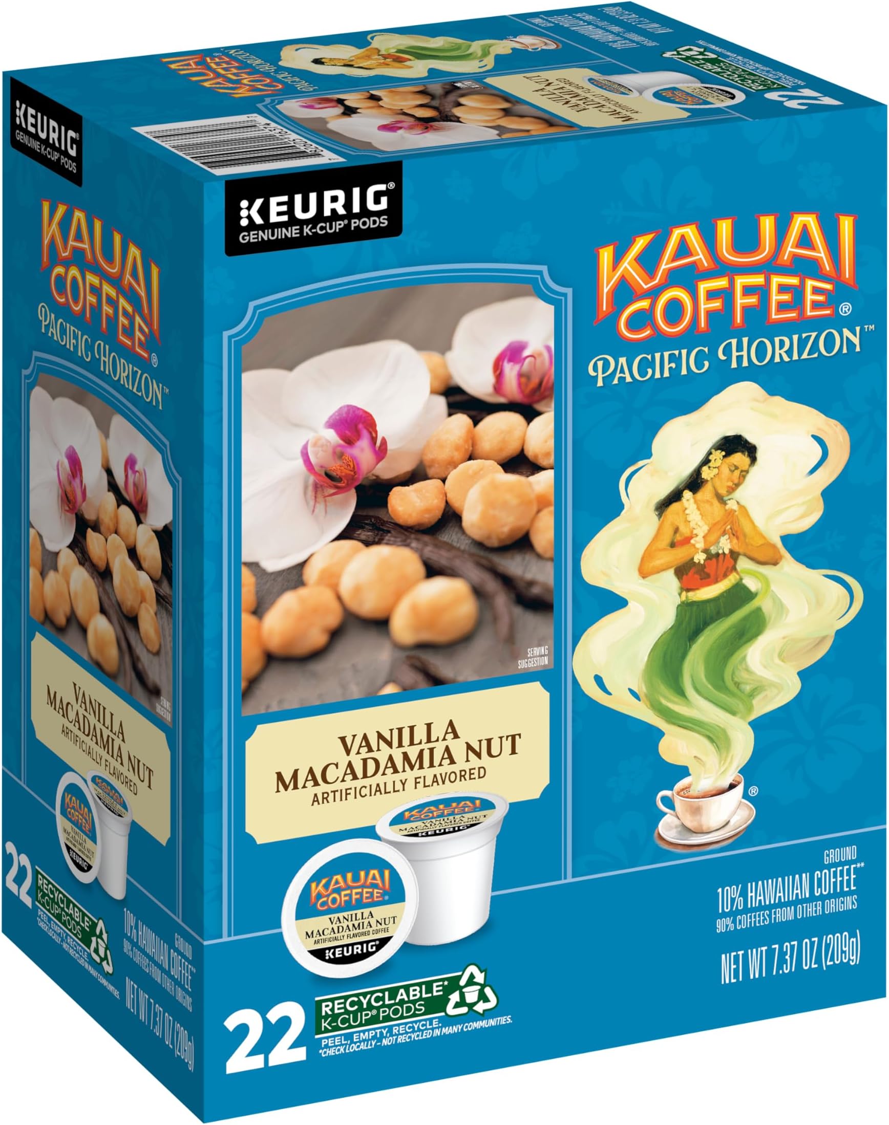 Kauai Coffee K-Cup Pods for Keurig Brewers – Arabica Coffee, 10% Hawaiian – Medium Roast, Vanilla Beans with Toasted Macabamia Nuts – Vanilla Macadamia Nut, 1 Pack of 22 Single Serve K-Cups