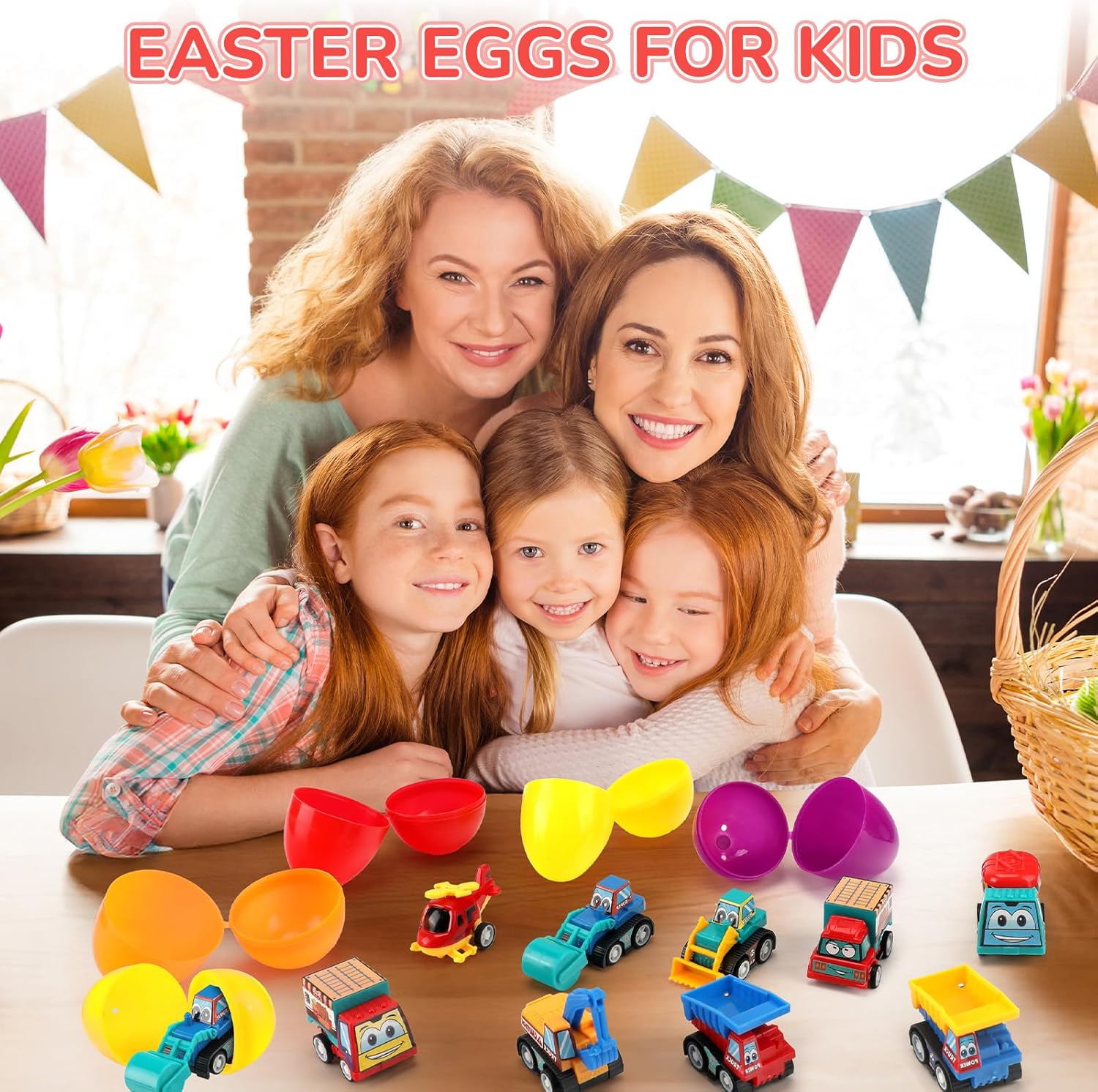 Easter Eggs for Kids Toddlers - Small Toys for Cars Plastic Eeaster Egg Fillers Stuffers - 12 Easter Eggs Bulk with Mini Pull Back Construction & Engineering Cars