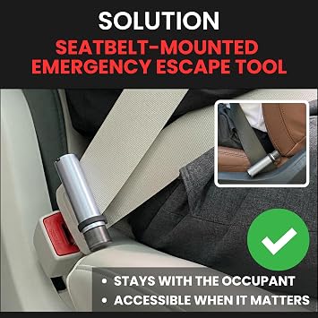 Car Emergency Escape Tool Seatbelt-Mounted 2-in-1 Window Breaker & Seat Belt Cutter Tungsten Safety Hammer Universal Fit for All Vehicles Always Within Reach
