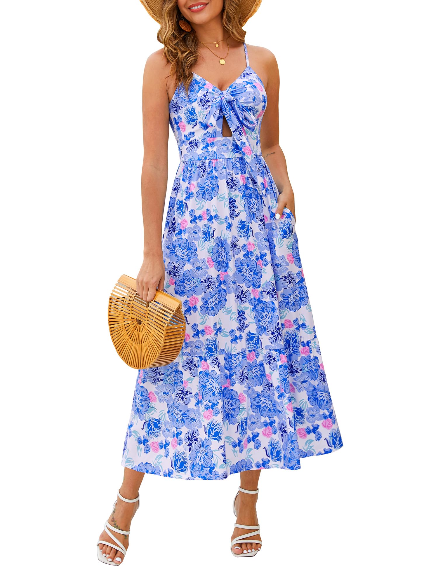 Kranda Women 2026 Summer Sundress High Waist Tie Front Spaghetti Strap Long Beach Floral Tiered Maxi Dress with Pockets