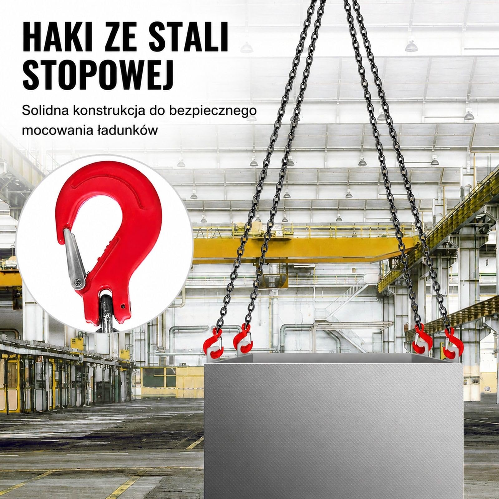 Czterocięgnowe zawiesie łańcuchowe ze stali stopowej z 4 czerwonymi hakami, do warsztatu, portu i budowy