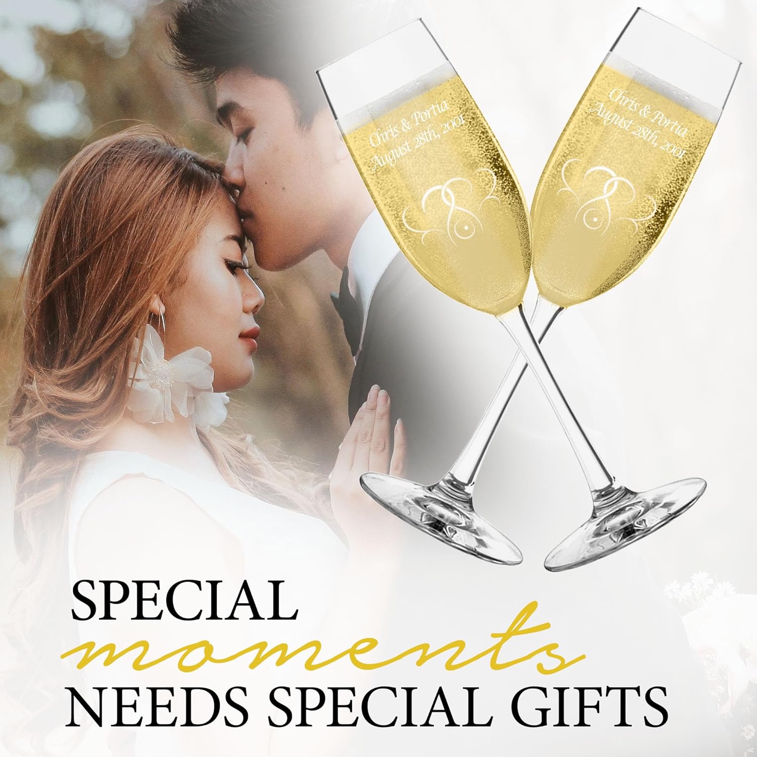 Personalized Champagne Flutes Set of 2, Wedding Gifts for Bride and Groom with Couple's Names and Date, Interlaced Hearts, Customized Champagne Flutes, Modern Toasting Glasses