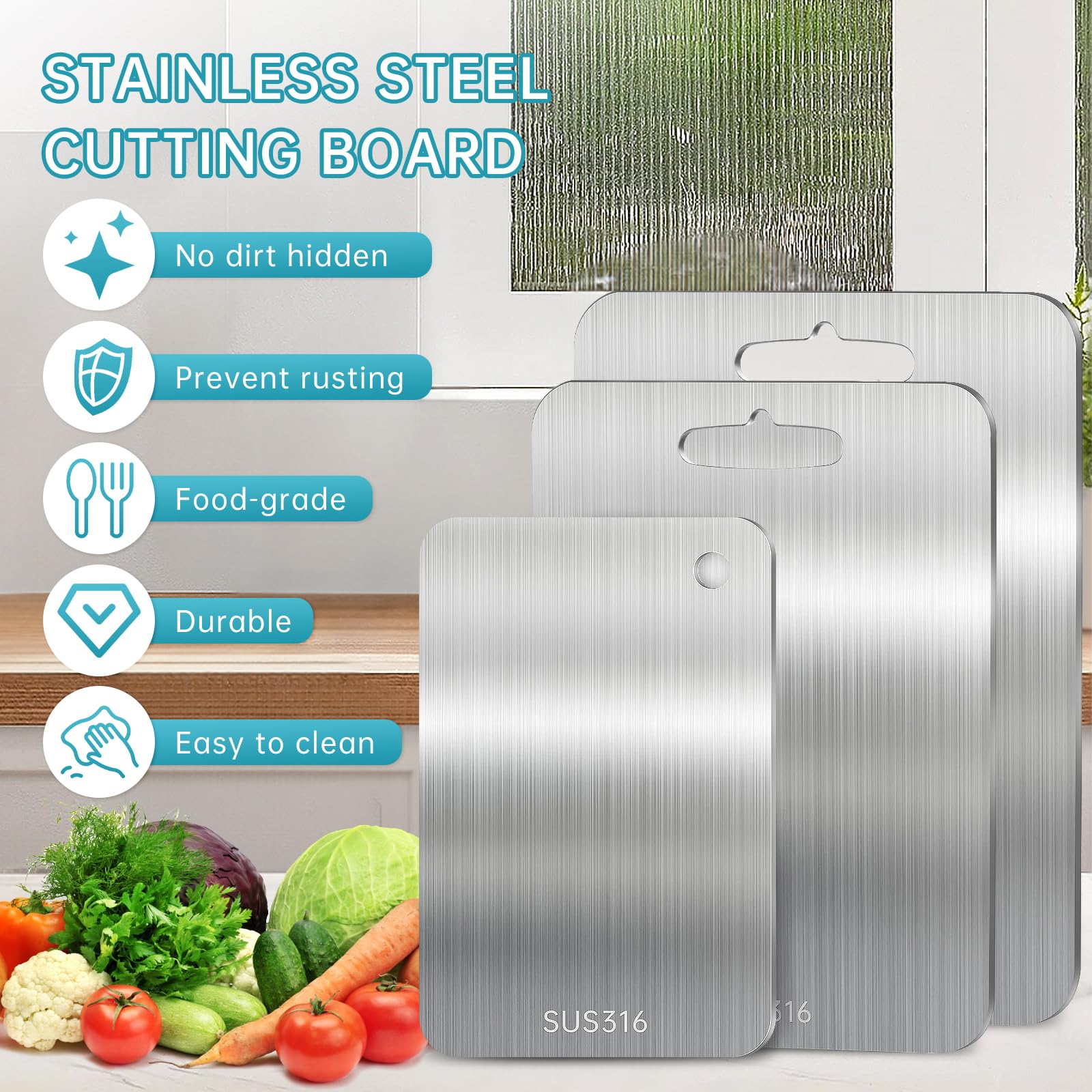 Set 3 Taglieri In Acciaio Inox Titanato - Doppia Faccia, Antibatterico, Senza BPA (28x39 Cm, 34x23 Cm, 29x20 Cm)