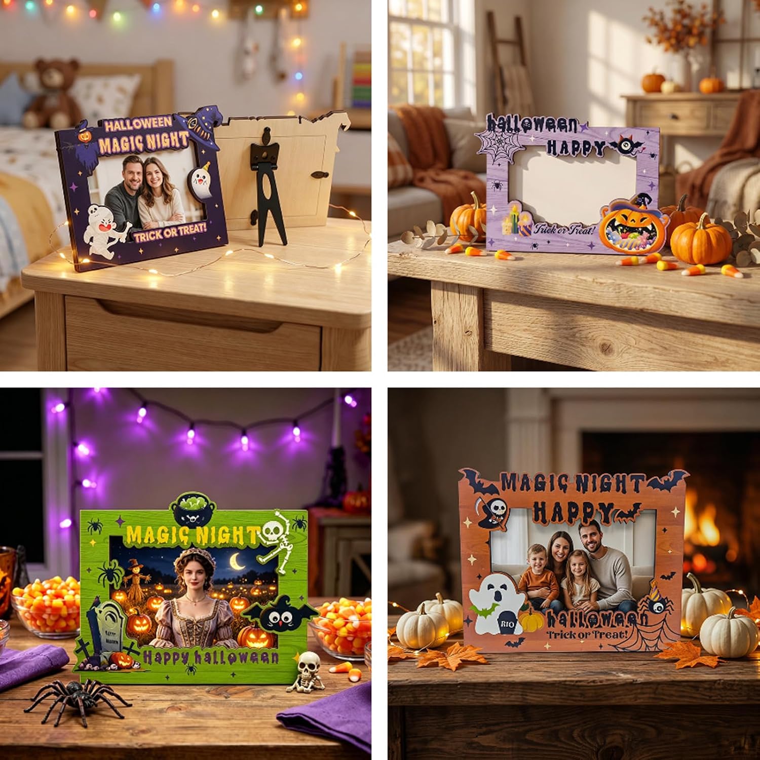 Halloween Wood Picture Frame Dark Skull Desktop Ornament Retro Styles Photo Frame Suitable for Home Decorating Holiday Table Highlight