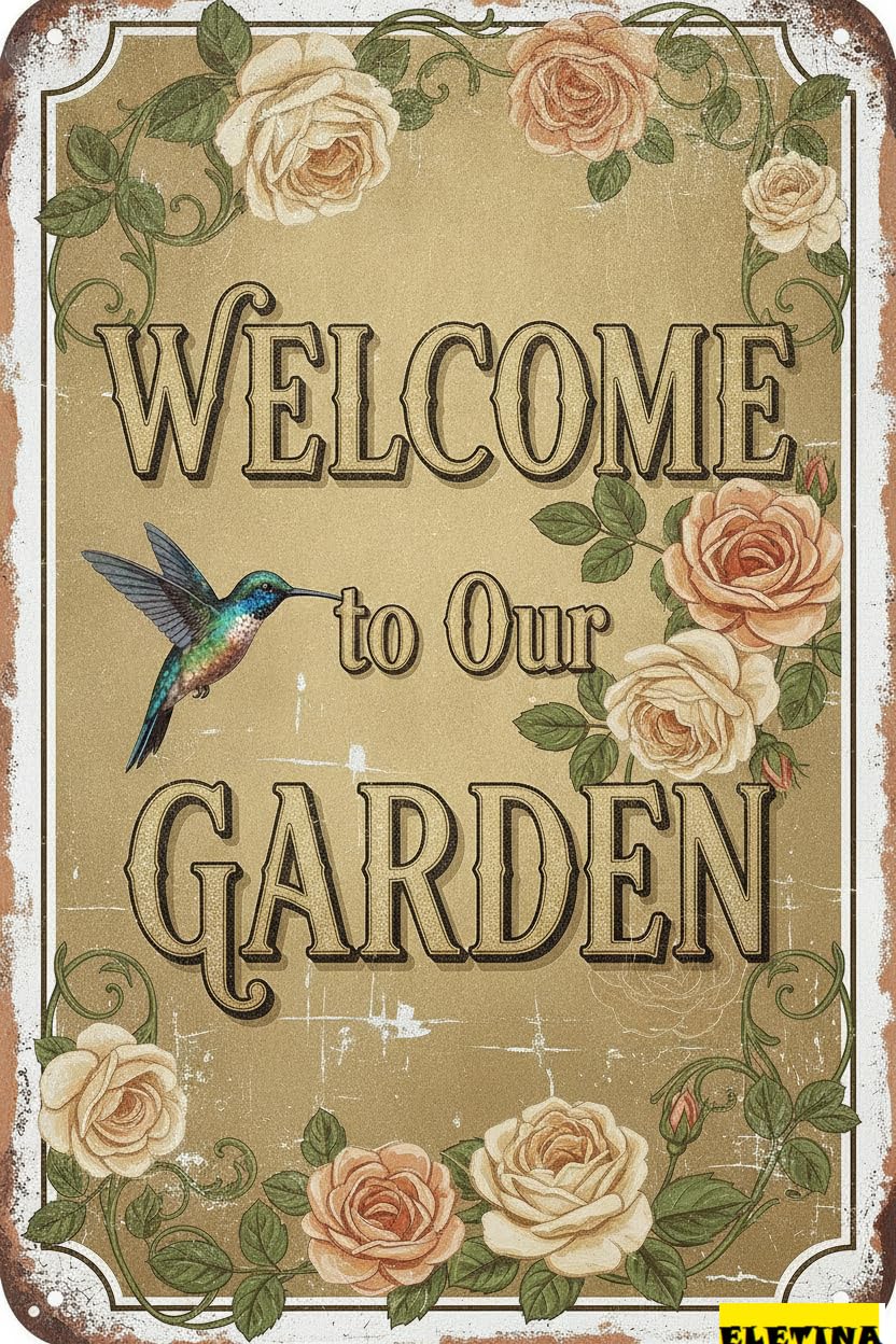 Welcome To Our Garden Hummingbird Tin Sign, 8x12 Decor