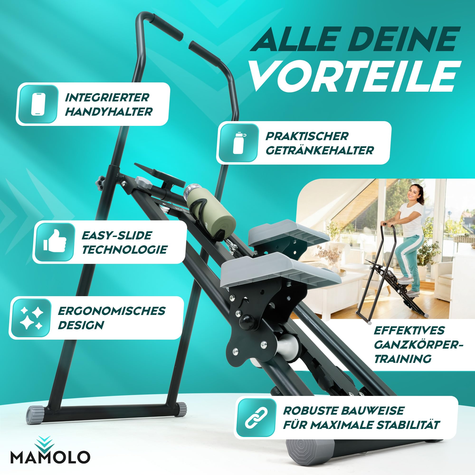 Stepper für Zuhause mit Haltegriff [Höhenverstellbar] 3 Fitness Widerstandsstufen Stairmaster mit Getränkehalter, Handyablage