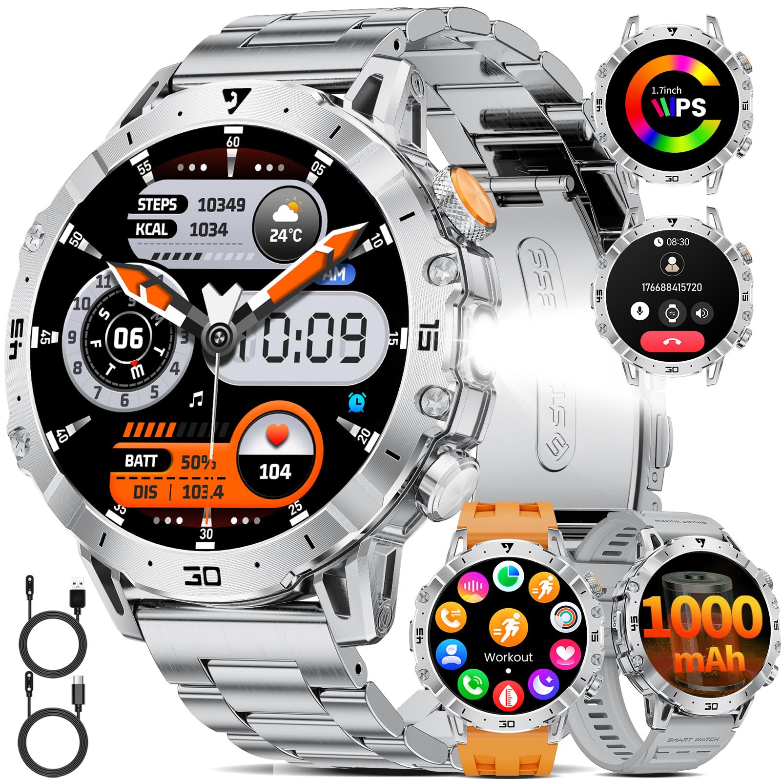 LIGE Smartwatch Herren Militär, 1000mAH Großer Akku, 1,7”HD Großes Display mit Telefonfunktion, LED Taschenlampe Fitnessuhr mit 110+ Sportmodi, Herz-/Schlaftracking,IP68 Sportuhr iOS/Android,Silber