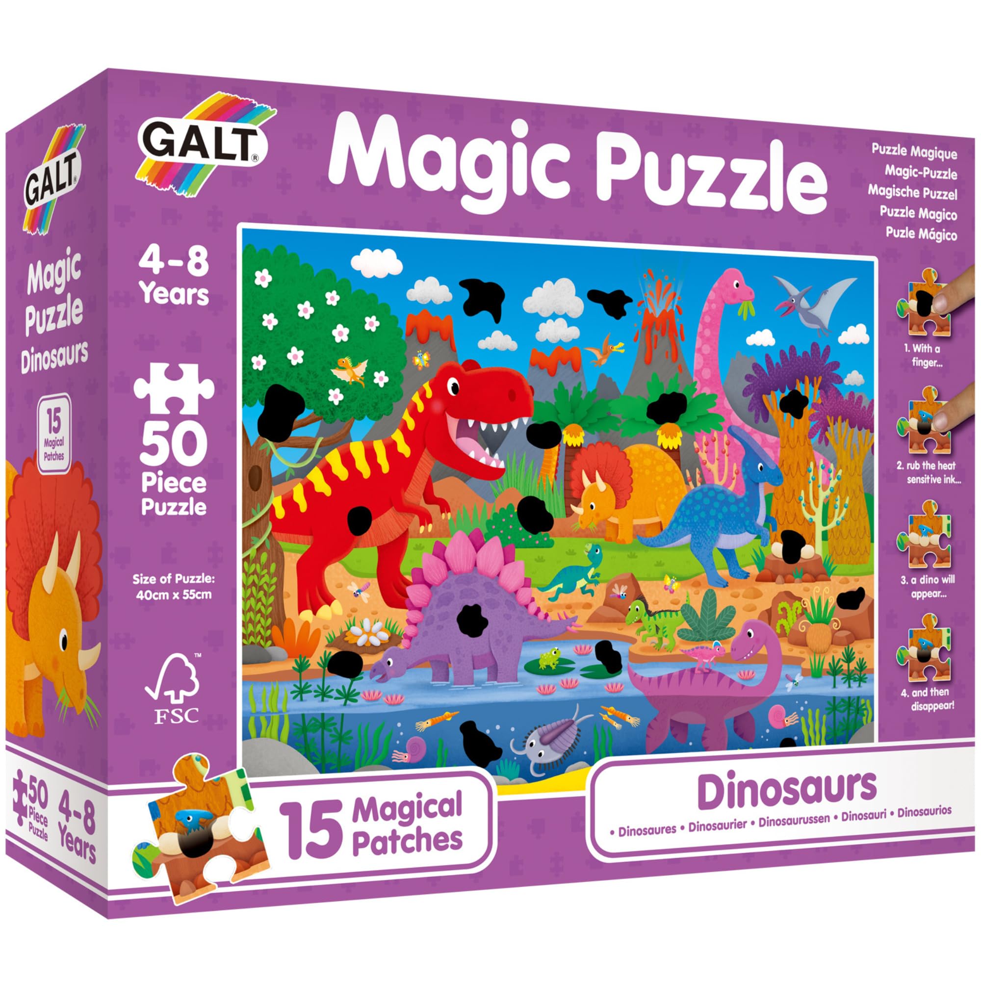 Galt Magic Puzzle Dinosaurs - Fun Colourful 50 Piece Jigsaw Puzzle for Kids, 15 Magical Rub & Reveal Patches - Dino Puzzle with Cute Prehistoric Characters - For Children Ages 4 to 8 Years - 40 x 55cm