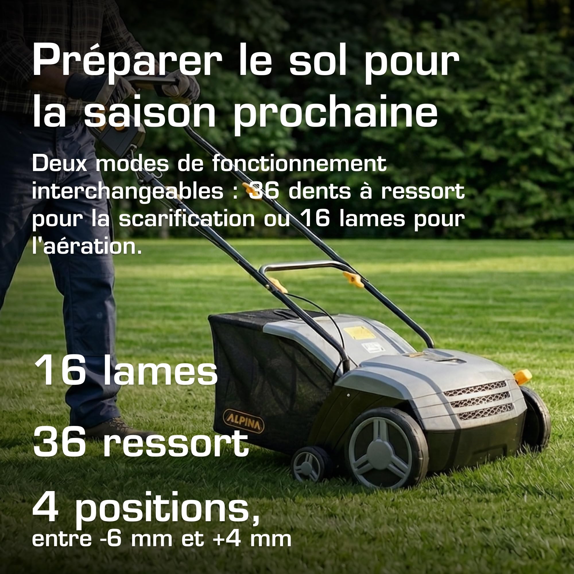 Alpina Scarificateur Electrique ASC 1.3 E, Moteur 1300 W, 16 Lames et 36 Dents, Profondeur réglable entre -6 mm et + 4 mm, Pour scarifier et aérer le terrain, Bac de ramassage de 40 L