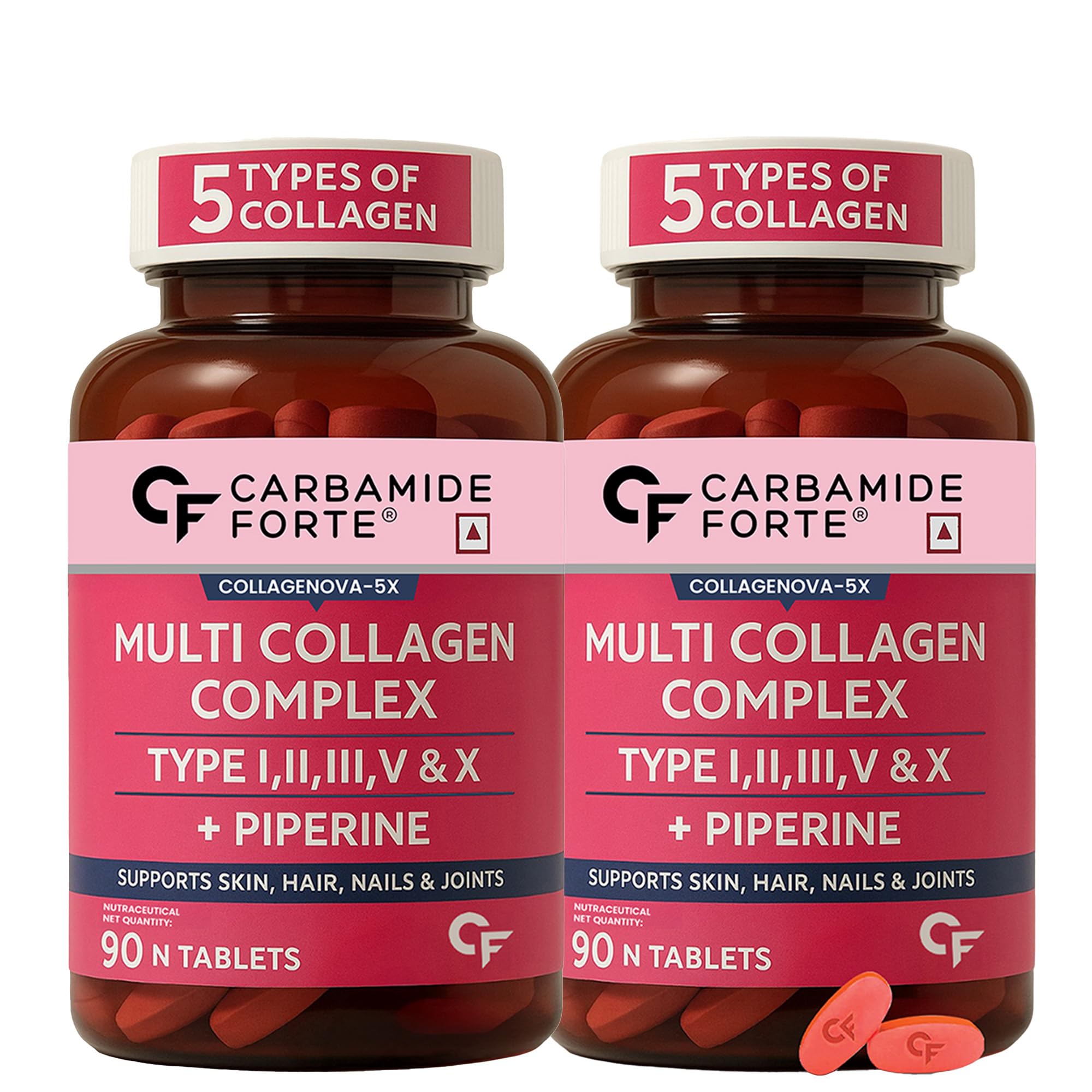 Carbamide Forte Hydrolyzed Multi Collagen Tablets | 5 Types I, II, III, V & X Collagen Powder for Joint Support & Glowing Skin | Collagen Supplements for Women & Men - 90 Tablets (Pack of 2)-image-31
