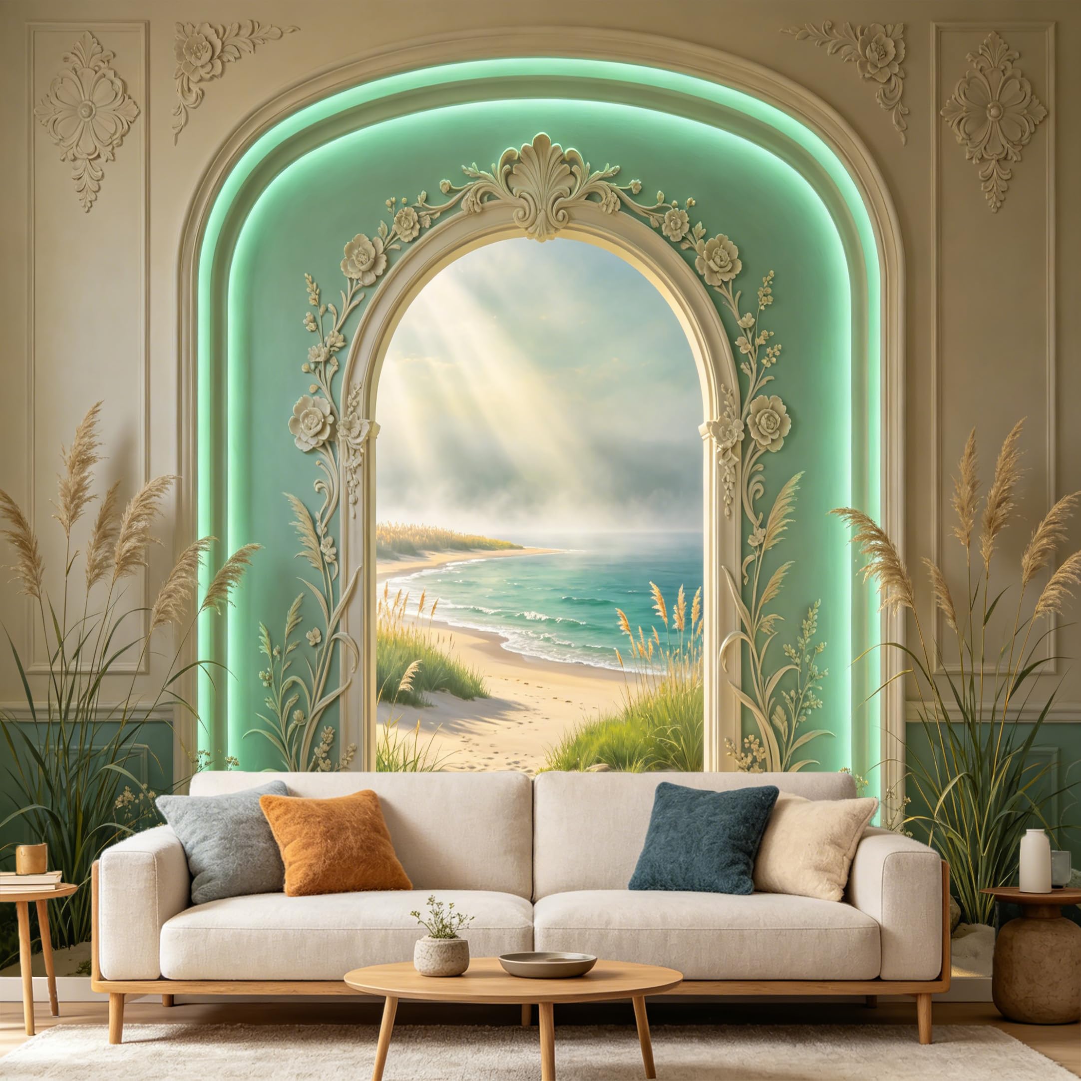 Custom Size Wall Mural， 3D Trompe L'Oeil Coastal Beach Archway， SelfAdhesive Art Prints wall Fabric Removable Large Wallpaper Home Living Room Decor， Panoramic Ocean View Scenic