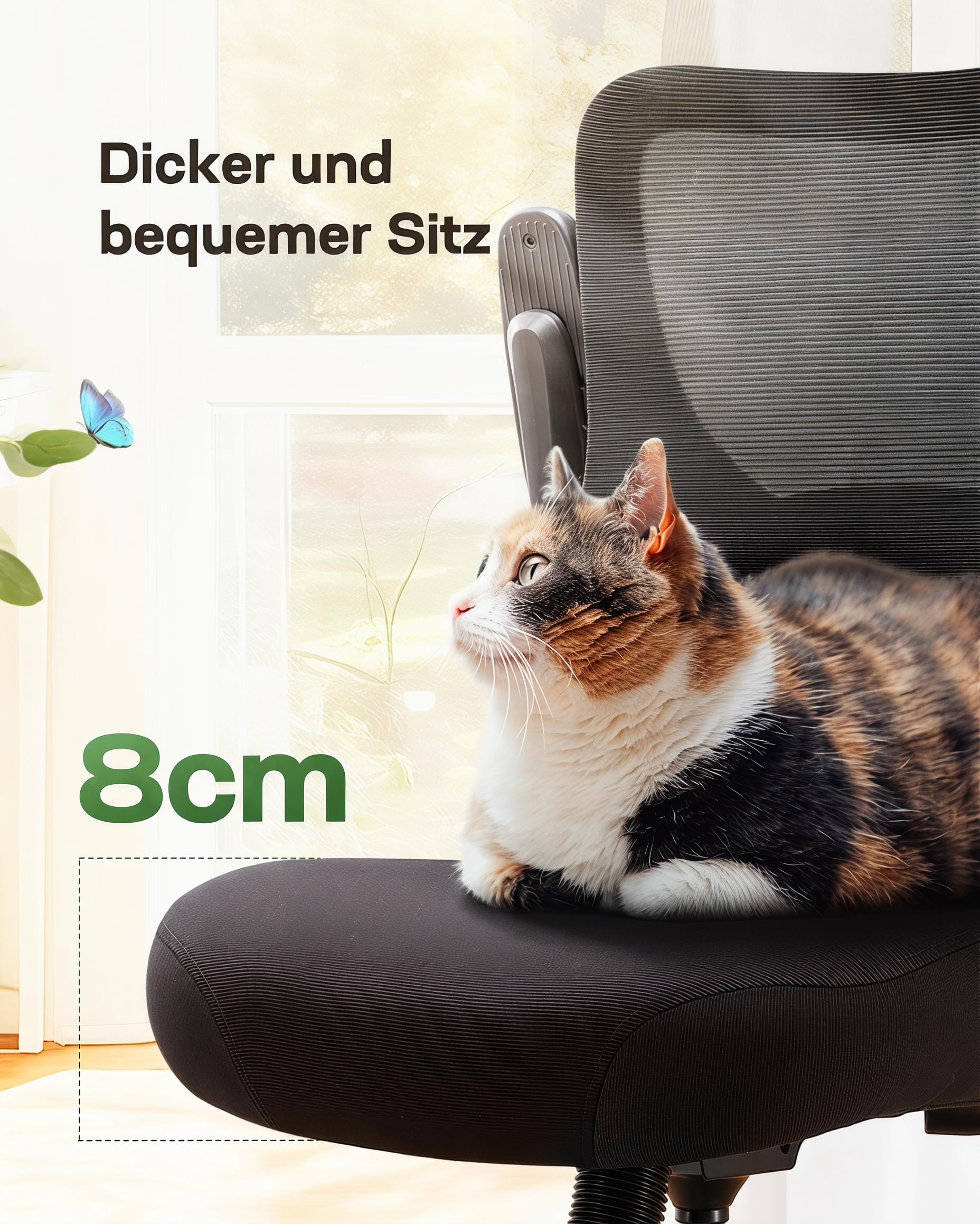 Marsail Bürostuhl Ergonomisch, Schreibtischstuhl mit 3D PU Armlehnen und Verstellbarer Lendenwirbelstütze, Drehstuhl Höhenverstellung und Wippfunktion, Chefsessel aus Mesh, Bis 136kg/300LBS