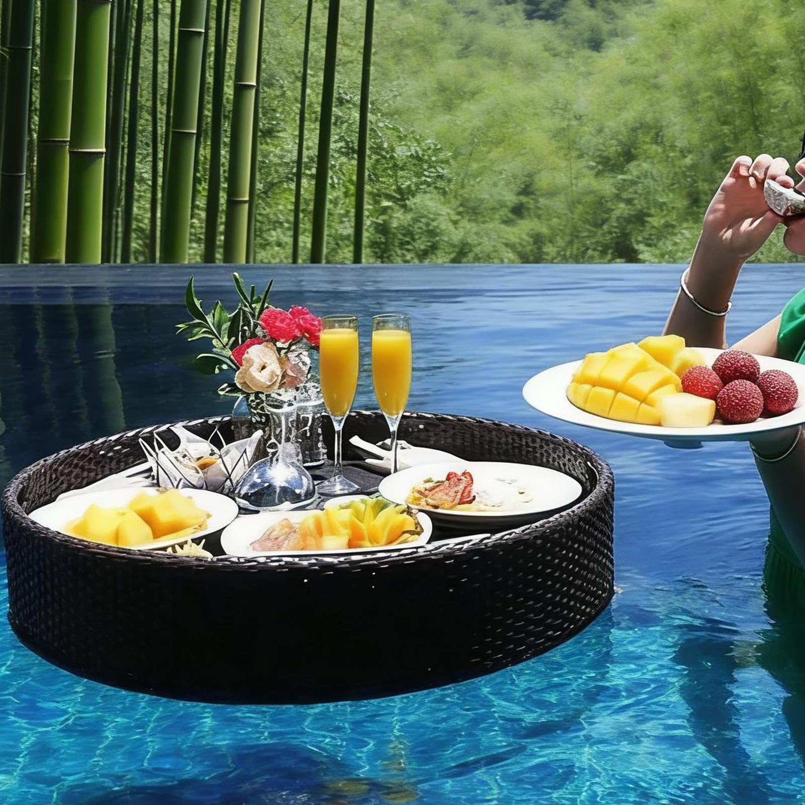 Vassoio Galleggiante di Lusso,Vassoio Rattan Rotondo,Struttura in Alluminio,Ecologico E Durevole,per Bevande E Snack in Piscina,Perfetto per Fotografia Matrimoni Black-60 * 60 * 20cm