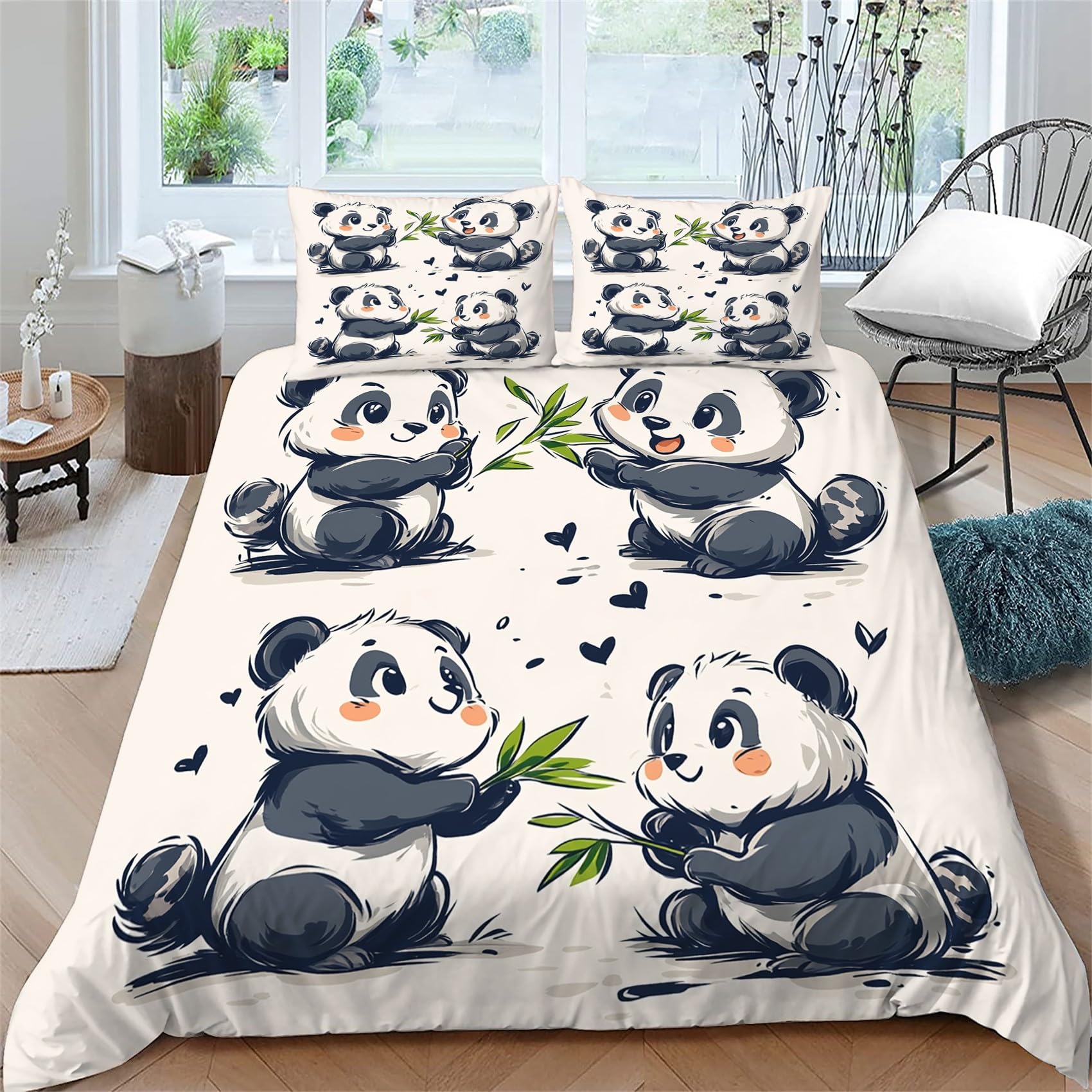 Housse de couette panda 140x200 imprimée en microfibre douce et lavable pour lit simple