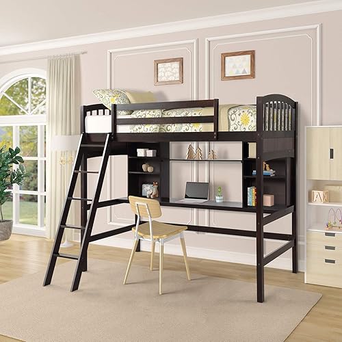 Woanke Cama alta de tamaño individual con estantes de almacenamiento escritorio y escalera para dormitorio de niños muebles del hogar marco de cama