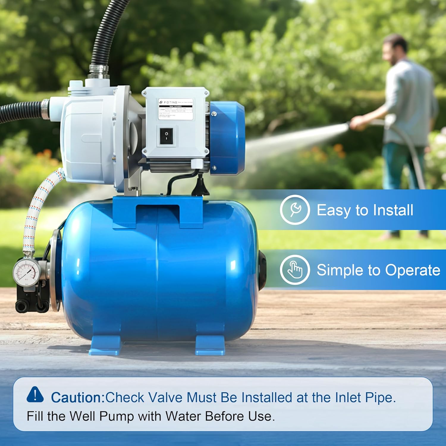 FOTING 1.5HP Shallow Well Pump w/Pressure Tank, 1340GPH Jet Pumps Garden Pump, Water Transfer Draining Irrigation Pumps, Water Booster Jet Pump Stainless Steel for Home Garden Lawn Farm, Blue