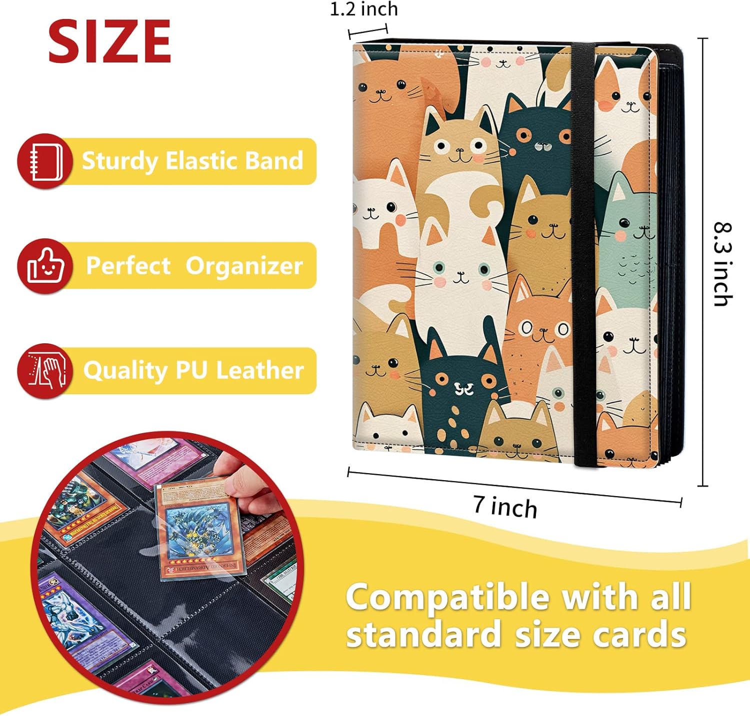 4-Pocket Card Binder 50 Pages Holds 400 Cards, Card Book Collector Album Folder for Yugioh, MTG, TCG, Cute PU Leather Trading Card Holder with Elastic Strap, Cute Cats