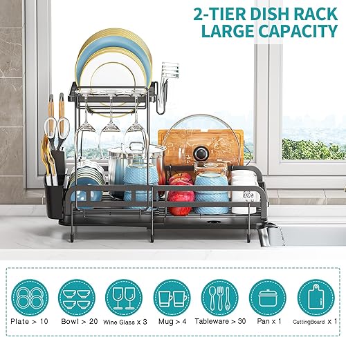 Miniatura 3 de Escurridor de platos de 2 niveles, escurridor de platos extensible, escurridor de platos extensible para encimera de cocina con escurridor,