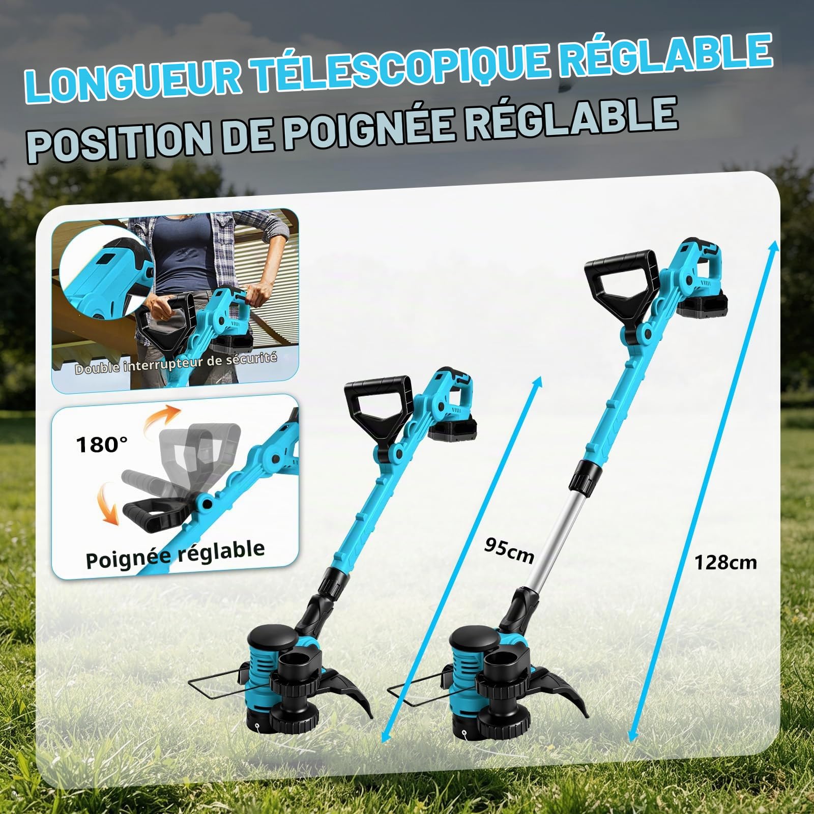2In1 Coupe Bordures sans Fil,Rétractable, avec 2X 3000mah Batterie