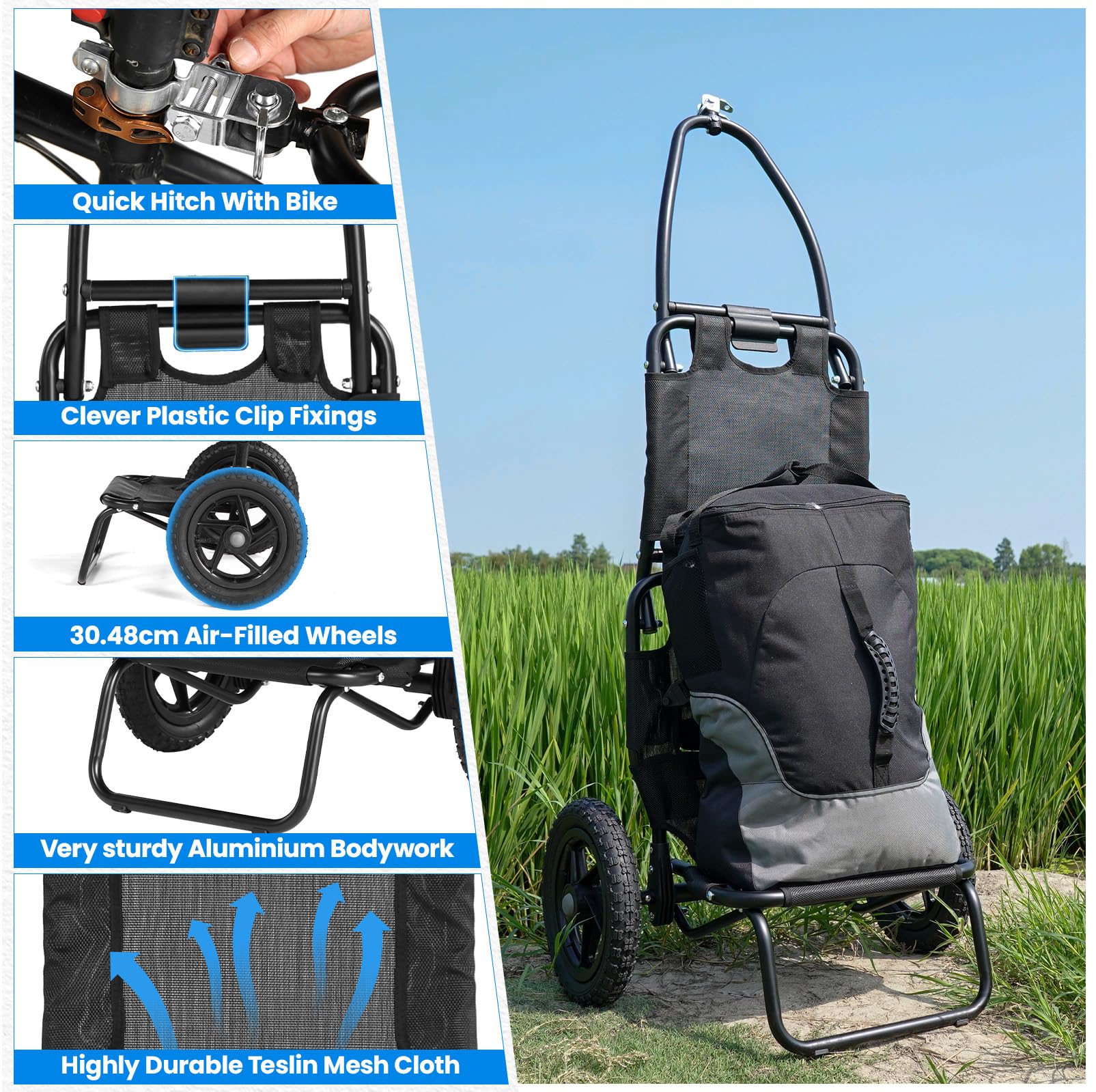 SEPNINE Rimorchio per carico bicicletta 2 in 1, carrello per la spesa, carrello a mano, telaio in acciaio legato, leggero pieghevole con pneumatici da 30 cm, peso di carico 20 kg