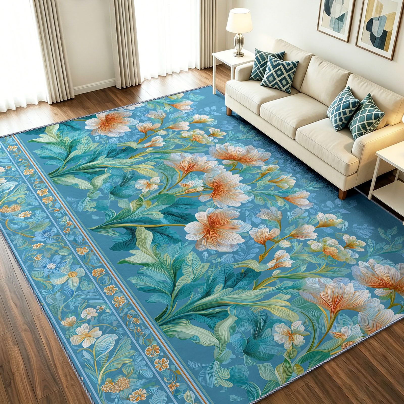 Tapis bleu vintage Lys 120x170 cm en velours ultra doux pour un salon chic