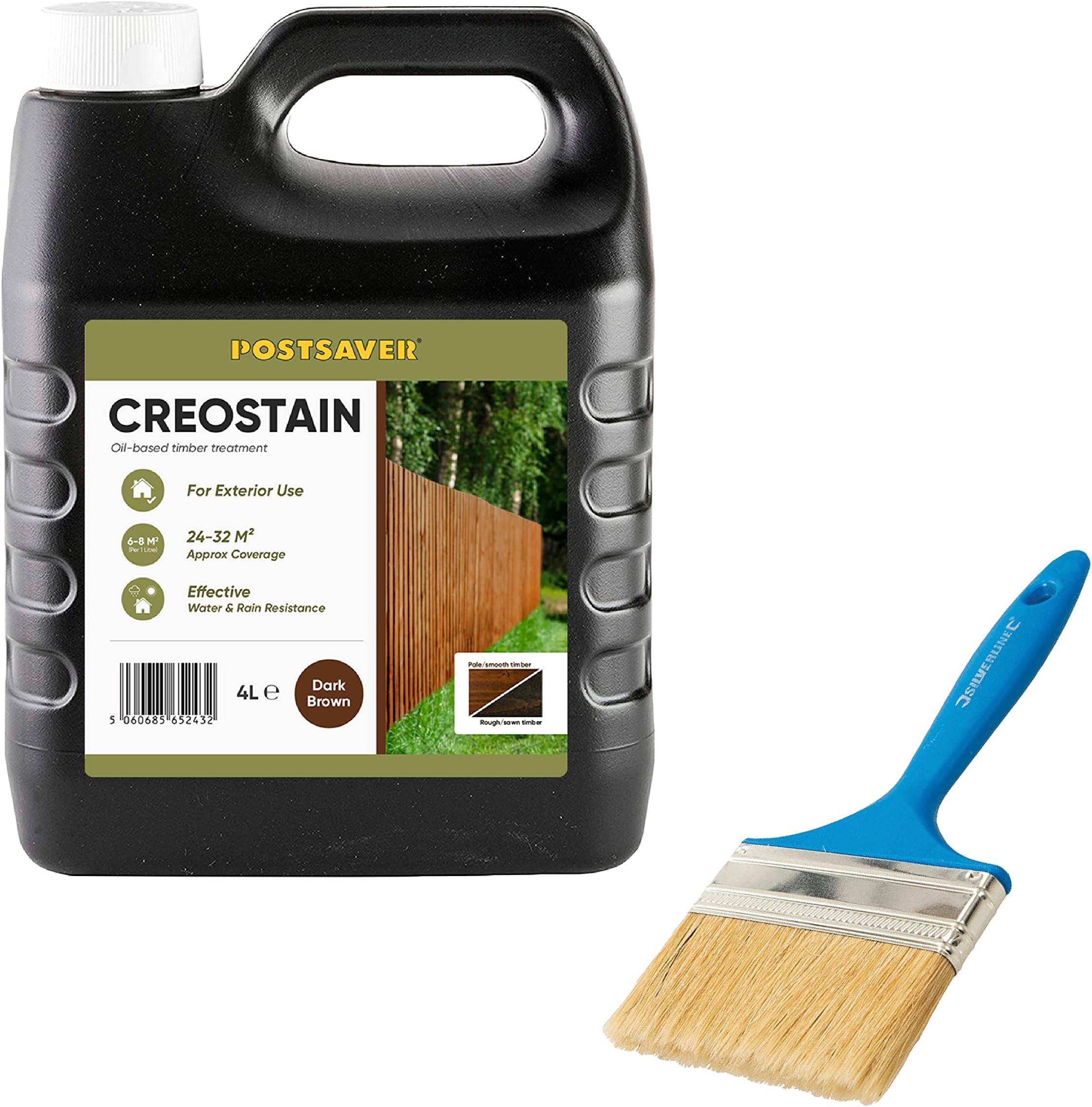 POSTSAVERCreostain Oil-Based Wood Treatment | Creosote Creocote Substitute | Exterior Wood Stain and Preserver | Safe Fence Treatment | Significantly Lower Odour Than Creocote | Dark Brown 4L + Brush