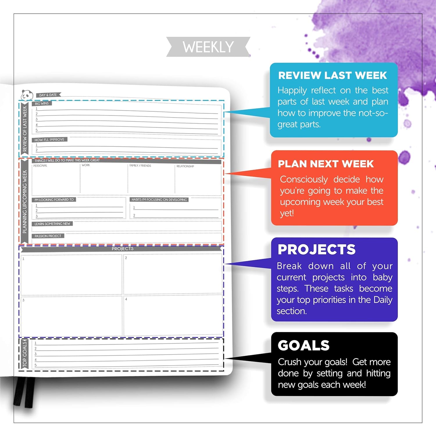 Black Undated 6 Month Day Planner - Daily Planner with Spring Sticky Notes by Panda Planner - Organizer Planner and Sticky Notes for Productivity