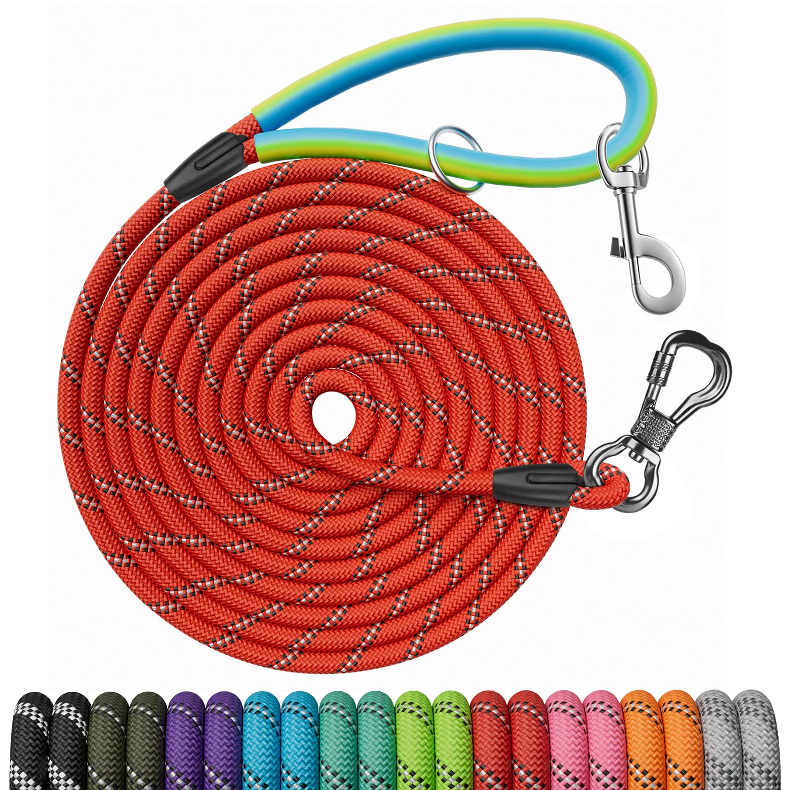 NTR 100FT Training Leash for Dogs, Nylon Rope Dog Leash with 2 Swivel Hooks and Soft Rubber Handle, Cat Puppy Leash Lead for Small Medium Large Dogs Training, Playing, Camping, or Backyard-Red