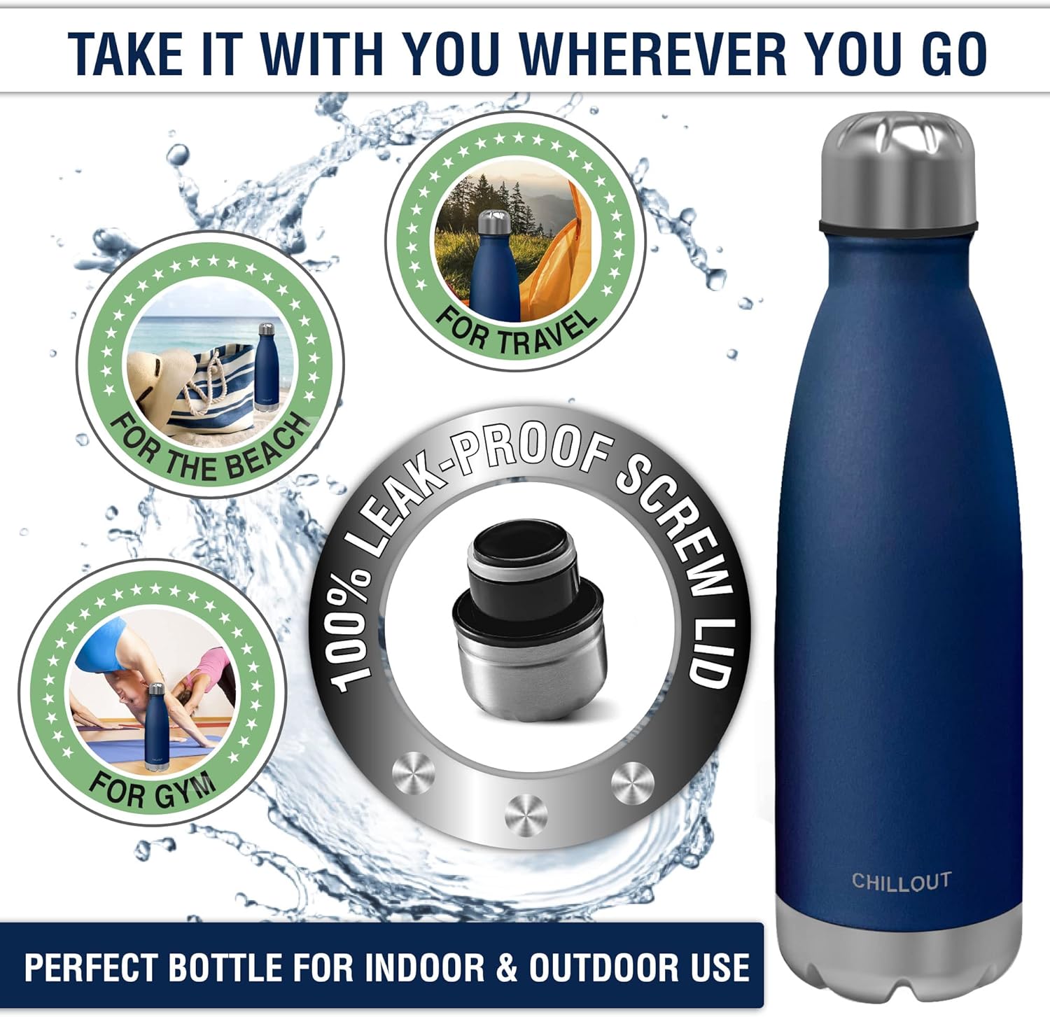 CHILLOUT LIFE Stainless Steel Water Bottle: 17 oz Double Wall Insulated Cola Bottle Shape for Cold and Warm Drinks, BPA Free Metal Sports Bottle - Navy Blue - Image 4