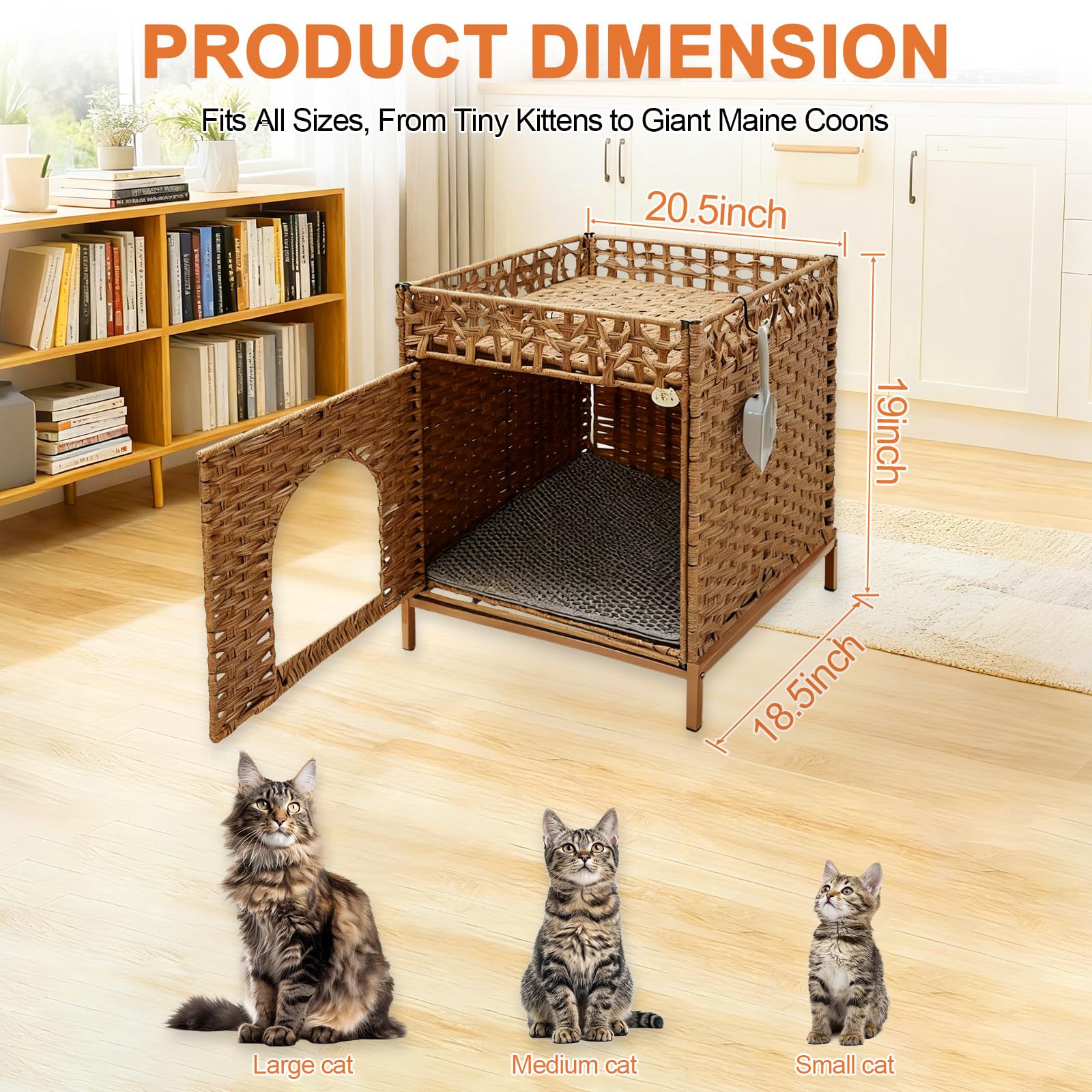 Homegroove Lettiera per gatti nascosta, con tappetino morbido e recinzione, comoda cuccia in rattan intrecciata a mano, con ganci a forma di S, per soggiorno, camera da letto (noce)