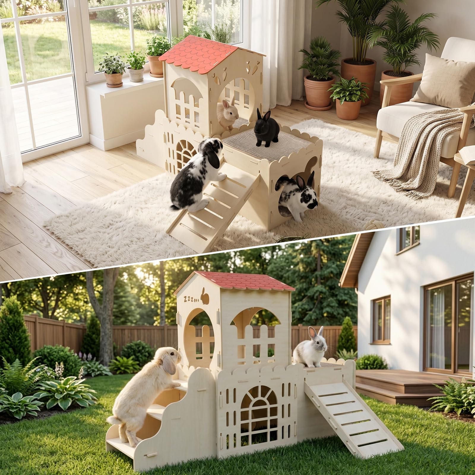 Kaninchenhaus aus Holz mit 2 Kratzmatten, 3-Haus-Schloss für kleine Haustiere, großes Hasenhaus für Kaninchen und Meerschweinchen, mehrstöckiger Kletterkäfig & Lebensraum für kleine Tiere