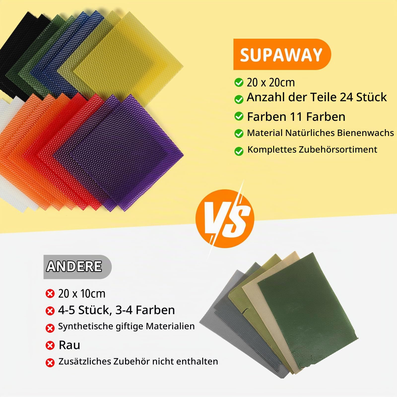 Supaway 24x Farbenfrohe Wachsplatten für Kerzen 20x20cm DIY Kerzenmach-Set