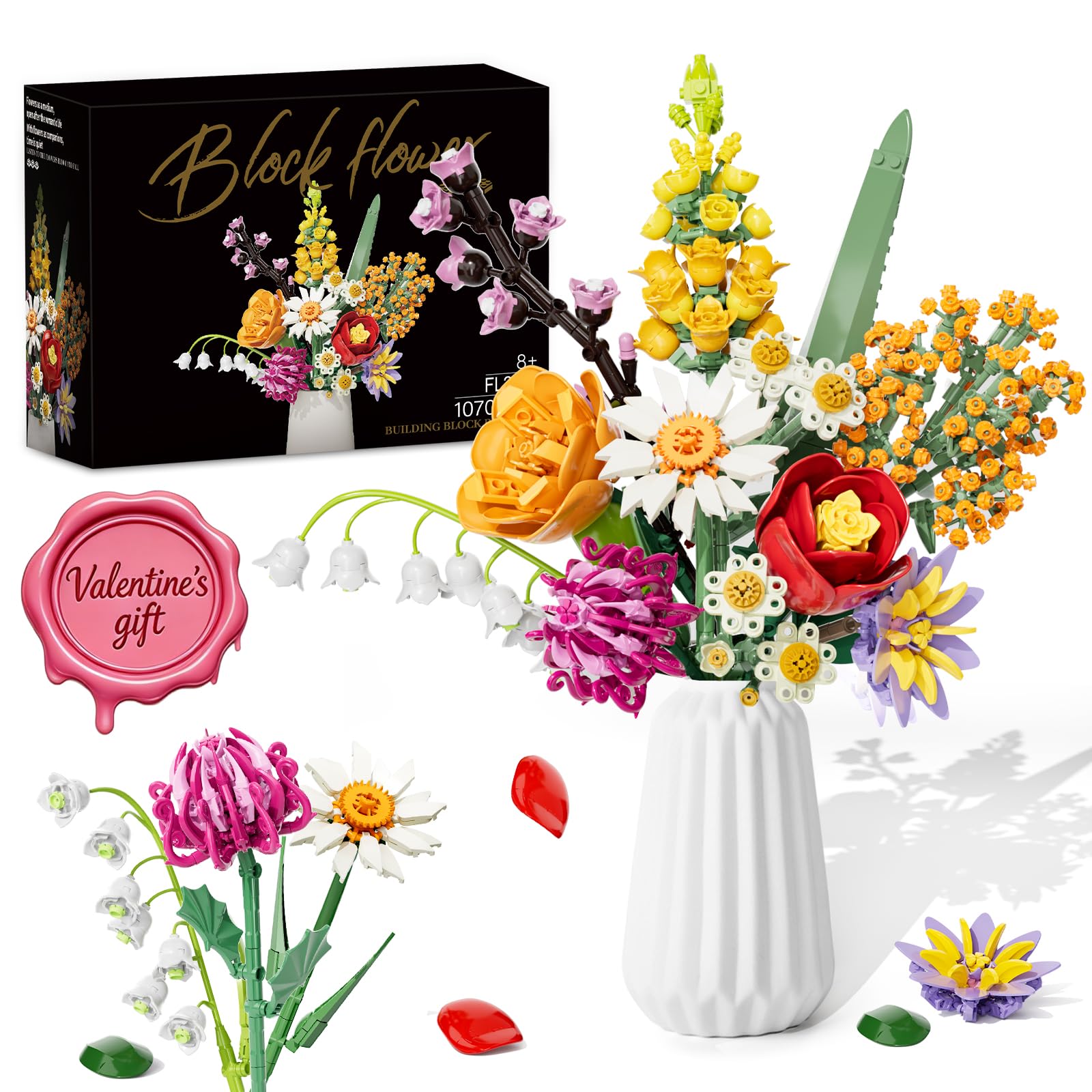 Blumenstrauß Bausatz, 1070 Stück Blumen Bauspielzeugset 10 Künstliche Blumen für Flowers, Botanical Kollektion Bauklötze, Geschenke zum Valentinstag, Geburtstag, Muttertag, Vase Nicht Enthalten