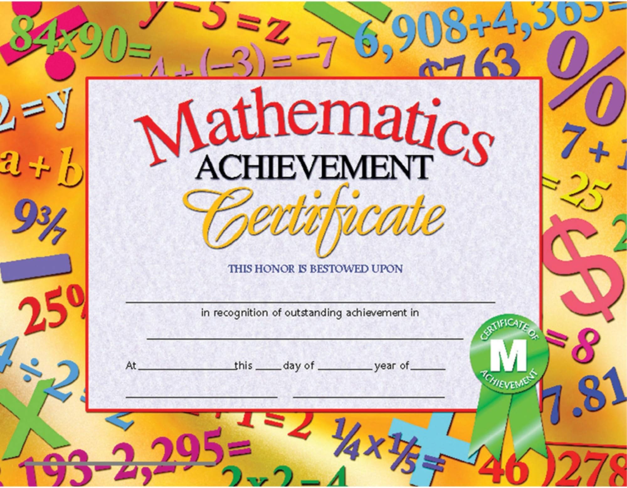 Hayes Mathematics Achievement Certificate, 8-1/2 X 11 in, Paper, Pack of 30