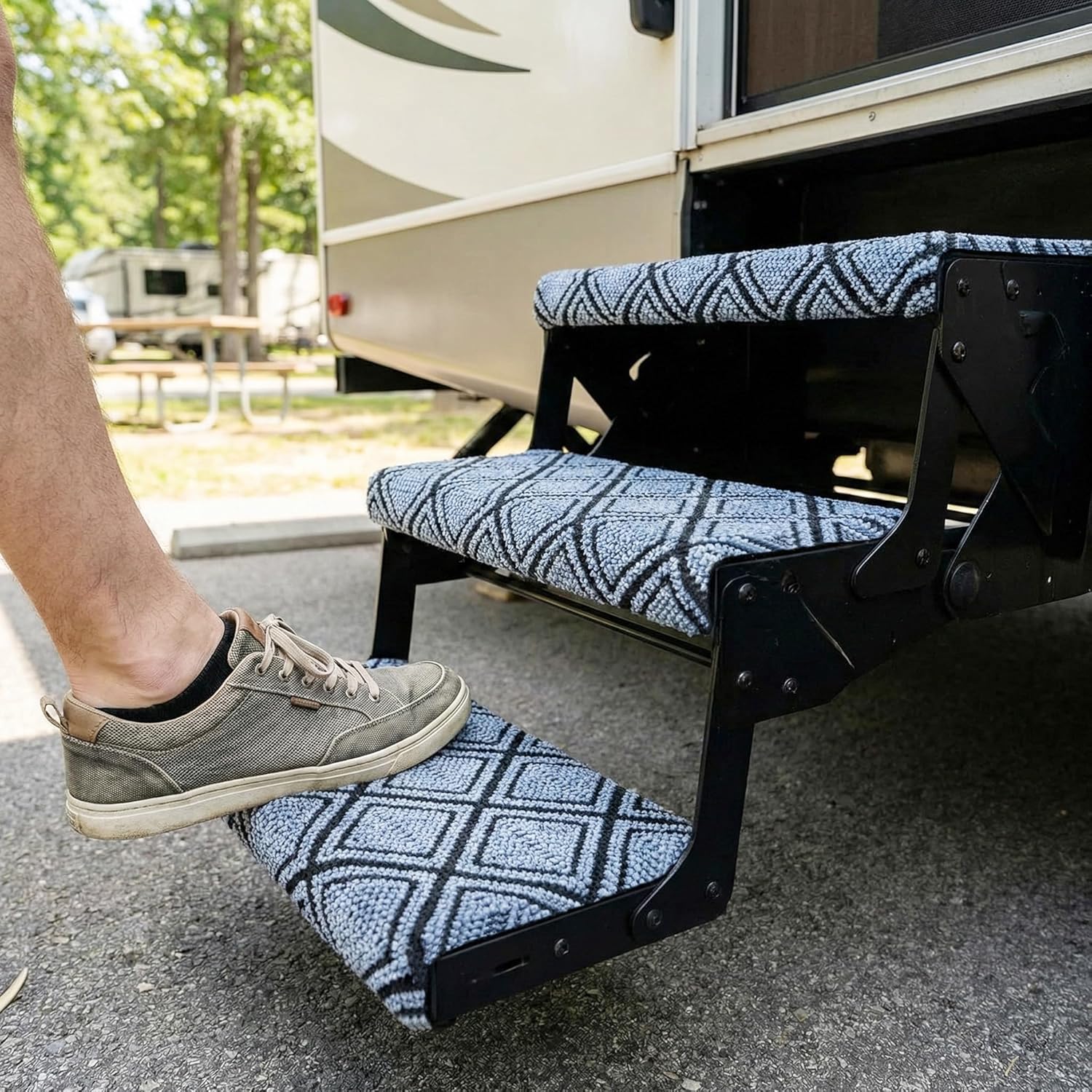 RV Step Covers 22 Inch 3 Pack Diamond RV Stair Covers Wrap, Best Fits 8-11" Deep Camper Stairs, RV Step Rugs Gray-Black, Kid & Pet Friendly
