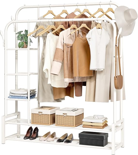 JOISCOPE Heavy Duty Clothes Rack, Metal Garment Rack with 4 Clothes Hooks and Double Rails for Clothes,Side and Bottom Storage Shelves for Shoe Boxes (Load 75 kg, 46 inches, White)