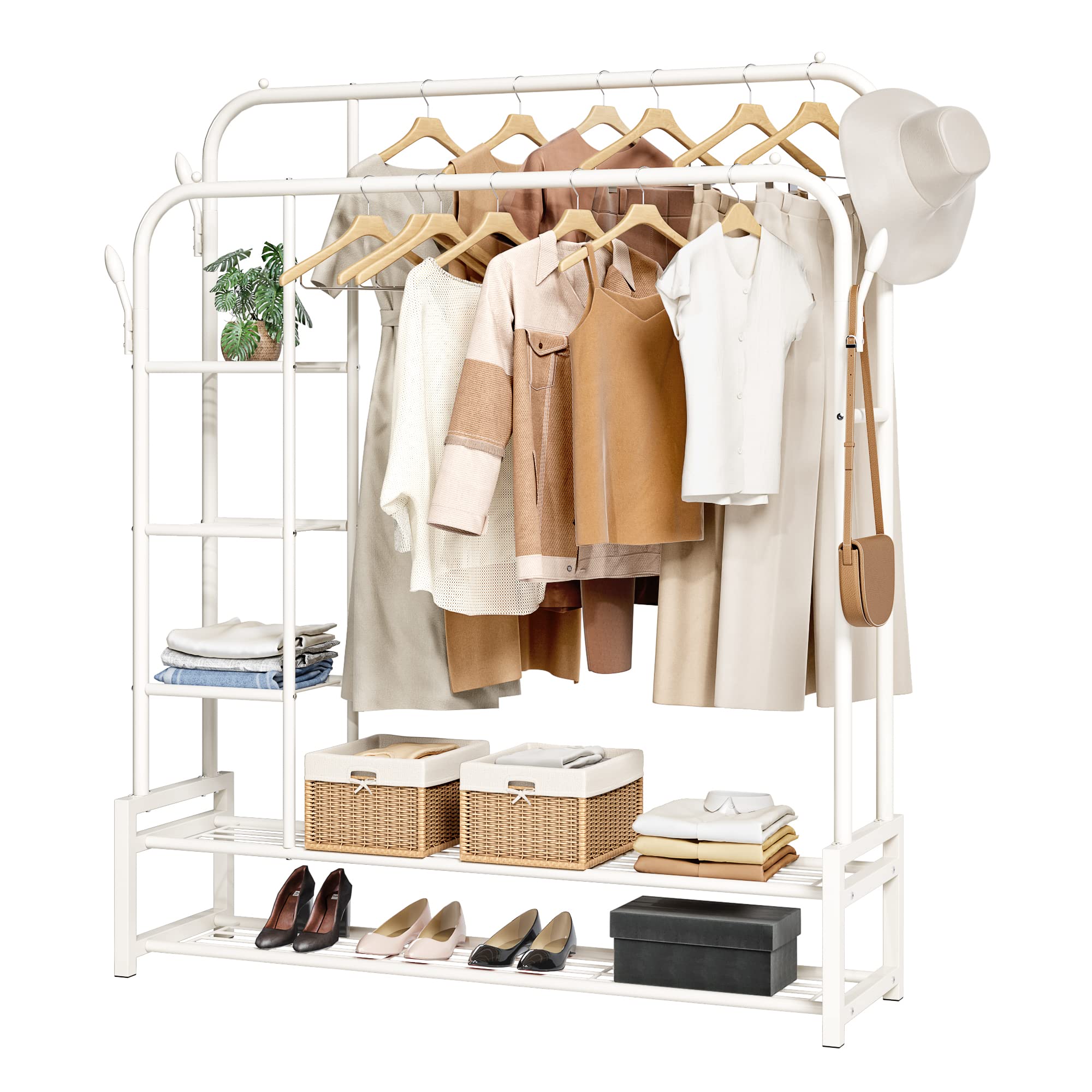 Photo 1 of *NO HARDWARE* JOISCOPE Double Rods Portable Garment Rack for Hanging clothes, Space Saving Clothing Rack, Freestanding Hanger with Bottom Shelves and 4 Hooks, Heavy Duty Clothes Rack 46inch, White F-White