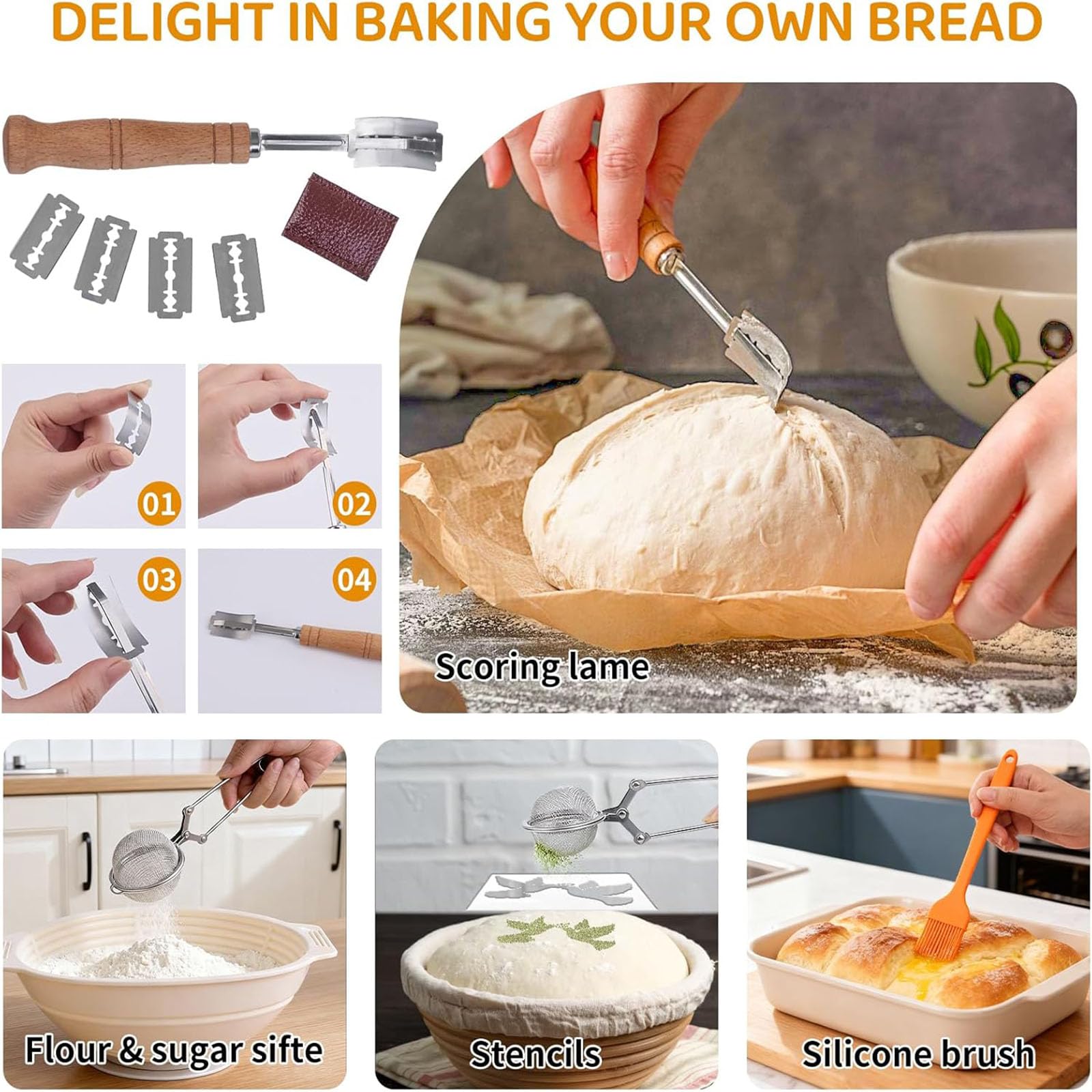 Sauerteig Starter Set mit 2 Gärkörbchen, 730ML Sauerteig Glas, Brotbackzubehör kit, Brot Backen Zubehör für Anfänger und Erfahrener Bäcker