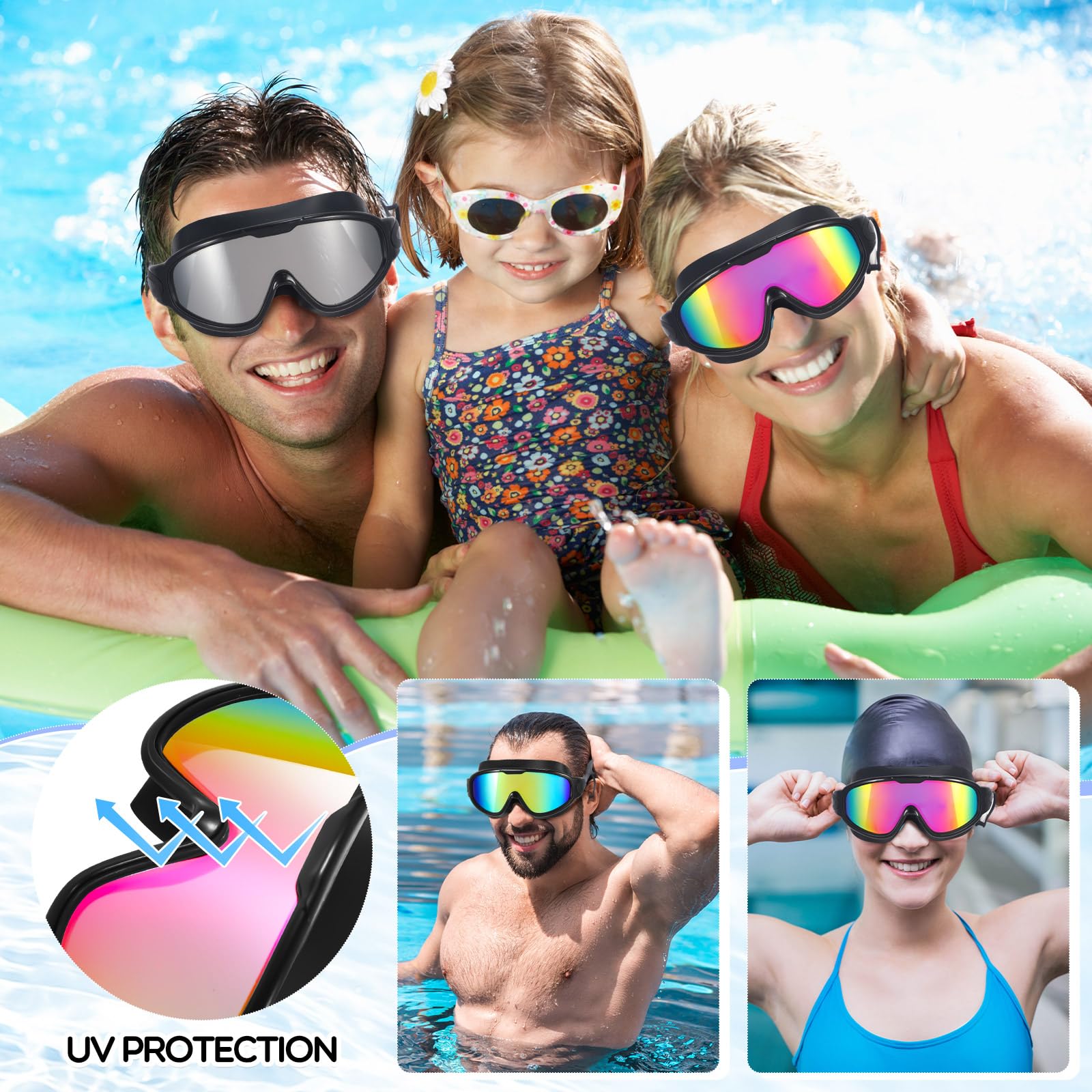 Kanayu 6 gafas de natación de visión amplia sin fugas, gafas de natación antivaho para adultos, con tapones para los oídos y clip de nariz para verano, adultos, hombres, mujeres, jóvenes, protección