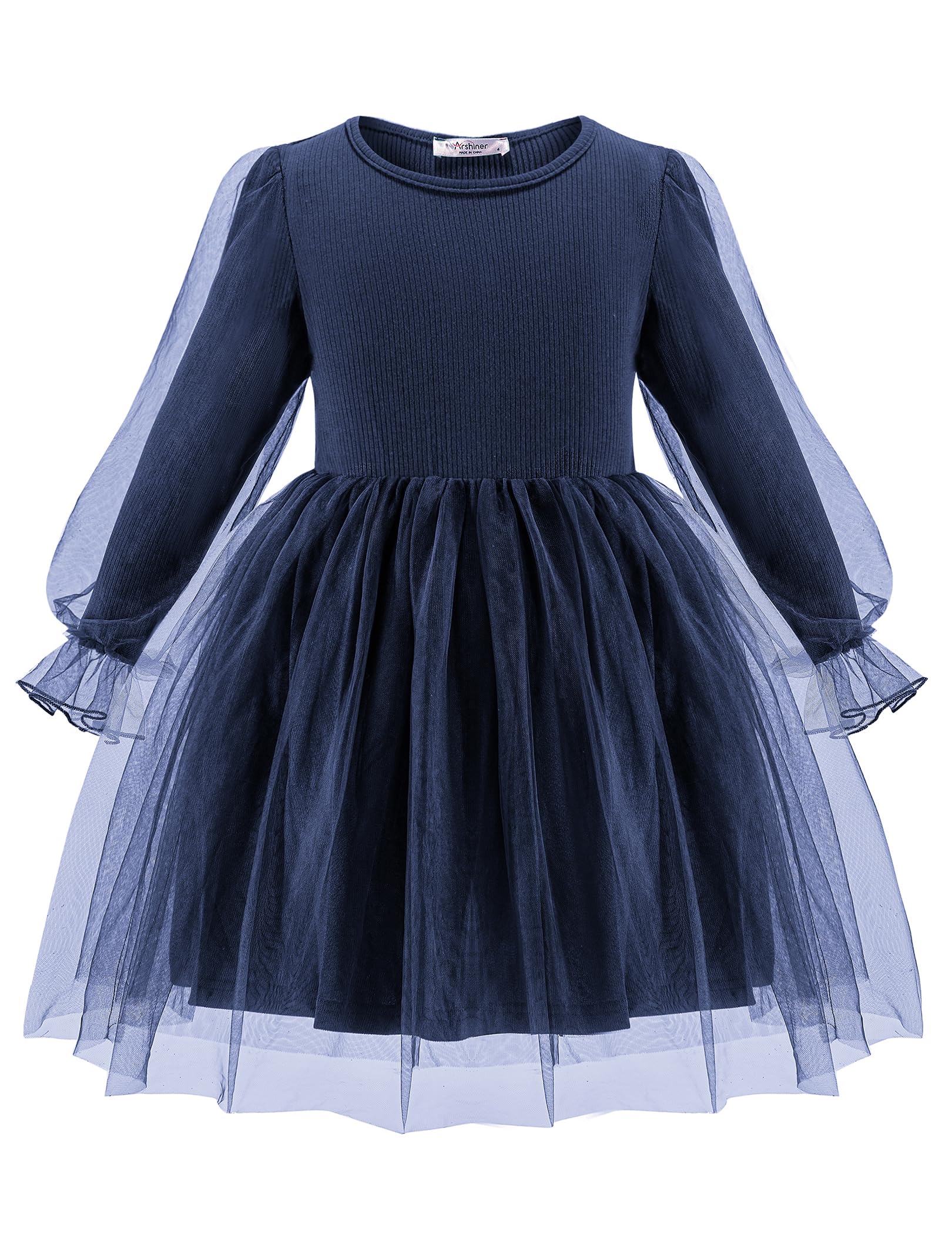 Arshiner, Meisjesjurk, tule jurk, lichte tussenlagen, lange mouwen, A-lijn, elegante lantaarnmouwen, feestjurk, modieus, feestelijk, casual, herfst, winter, jurk voor meisjes van 2-7 jaar, Zwart, 6-7