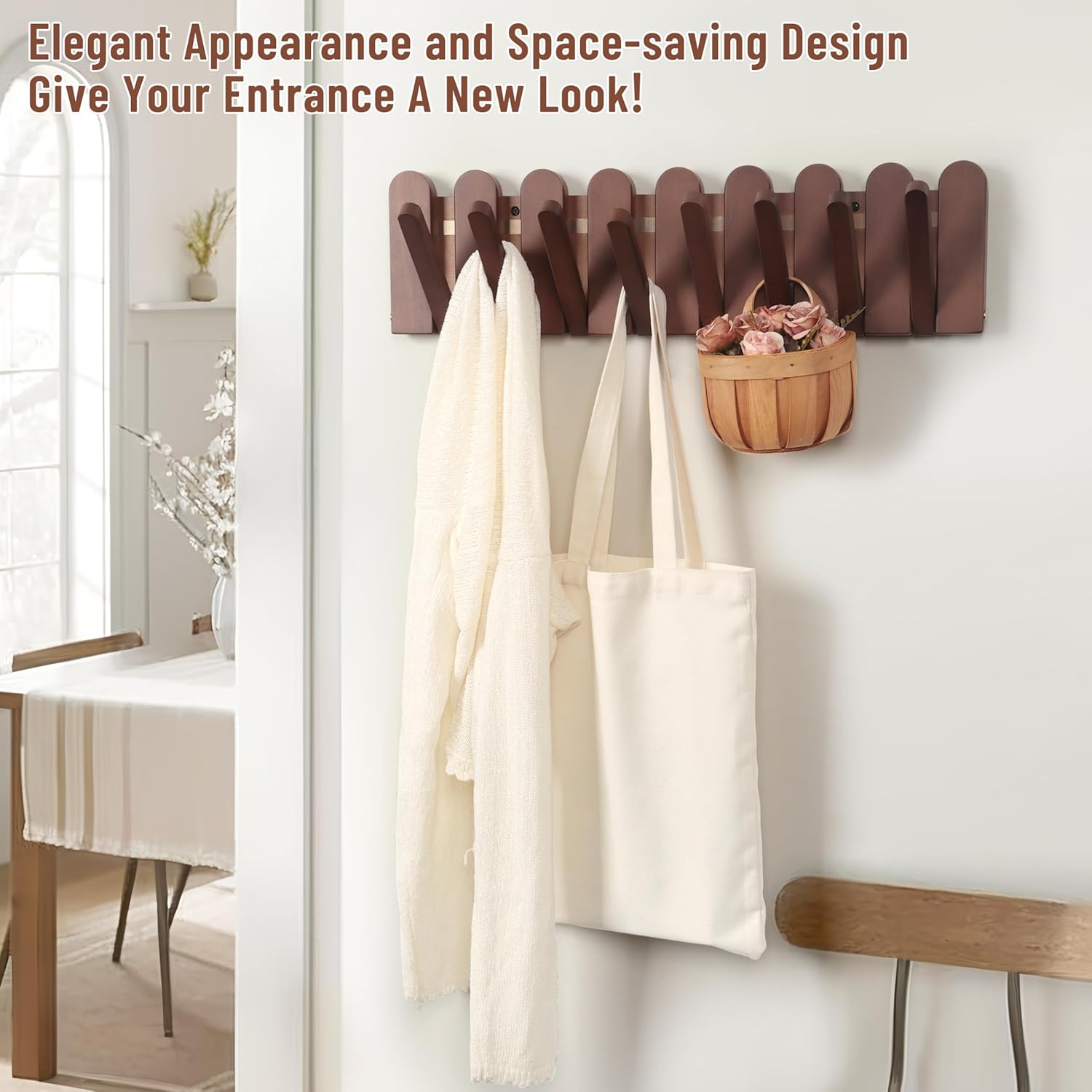 Wall Coat Rack for Entryway: Wooden Modern Heavy Duty 8 Hooks 21.6'' Retractable Wall Mounted for Mid Century Home Decor Hallway Bathroom Bedroom for Hanging Jacket Towel Backpack Bag