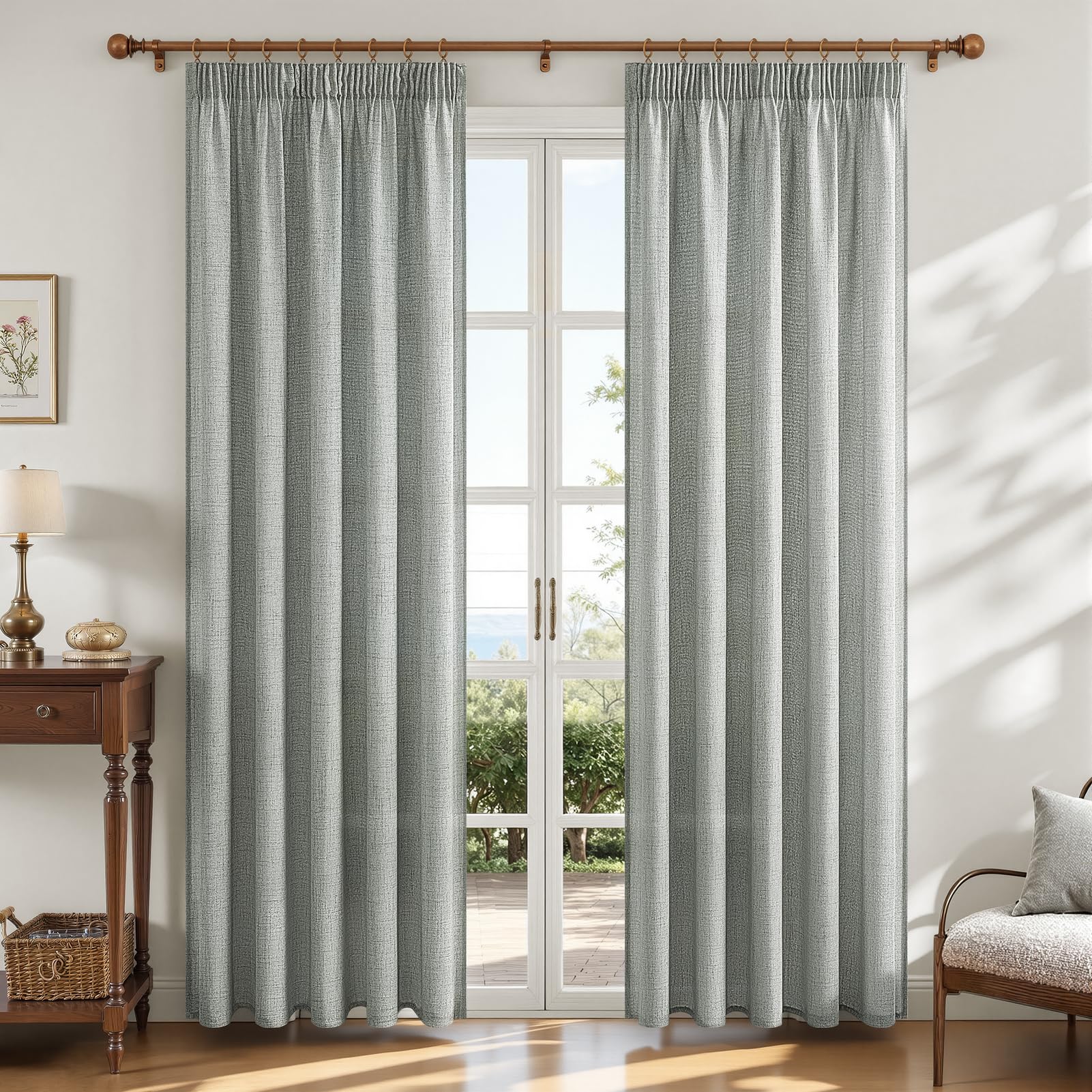 MRTREES Set of 2 Curtains with Pleat Tape, Linen Look, Semi-Transparent, for Window, Bedroom, Living Room, Modern, 94.5 inches Long, 55.1 inches Wide, Green Grey