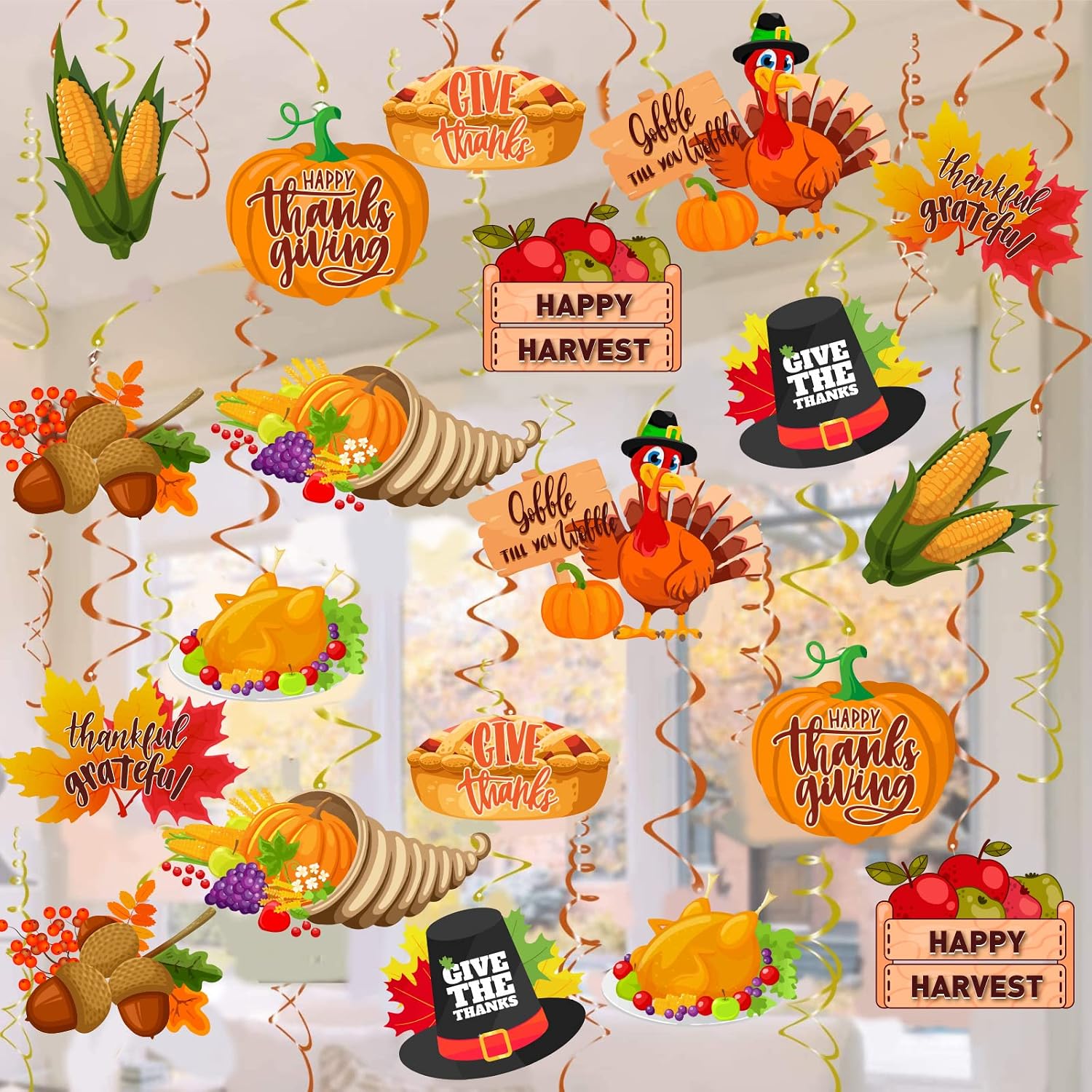 Thanksgiving Hanging Swirls Decorations, Fall Friendsgiving Hanging Swirl with Maple Leaves Pumpkin and Turkey Harvest Time Party Supplies for Home Office Indoor Autumn Ceiling Decor - 40Pcs