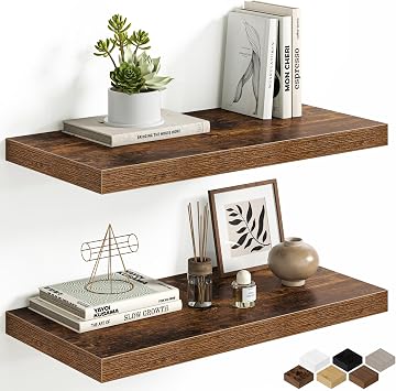 Floating Shelves for Wall, 24 Inch Floating Shelves Set of 2, Wall Mounted Rustic Wood Shelf for Bathroom, Living Room, Bedroom and Kitchen, Hanging Shelf for Storage, Books, Home Decor, Brown