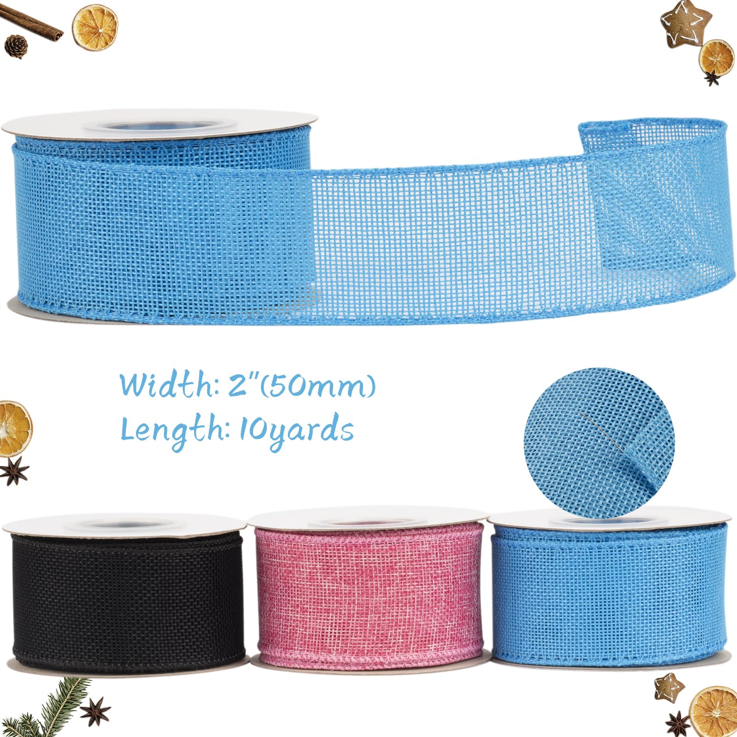 Tekdeere Burlap Ribbon 50mm x 9 Meters, Turquoise Wired Ribbon for Crafts, Gift Wrapping, Wreaths, Bows, Tree Decoration and Outdoor Decoration - Image 2