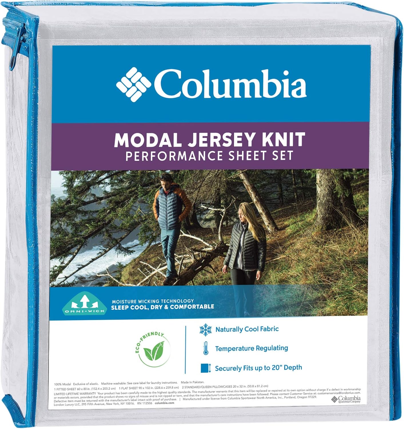 Columbia Eco-Friendly 100% Modal Jersey Knit Performance 4-Piece Sheet Set - Omni-Wick Stay Dry Technology – Incredibly Soft, Stretchy, Cool and Comfortable - King, White