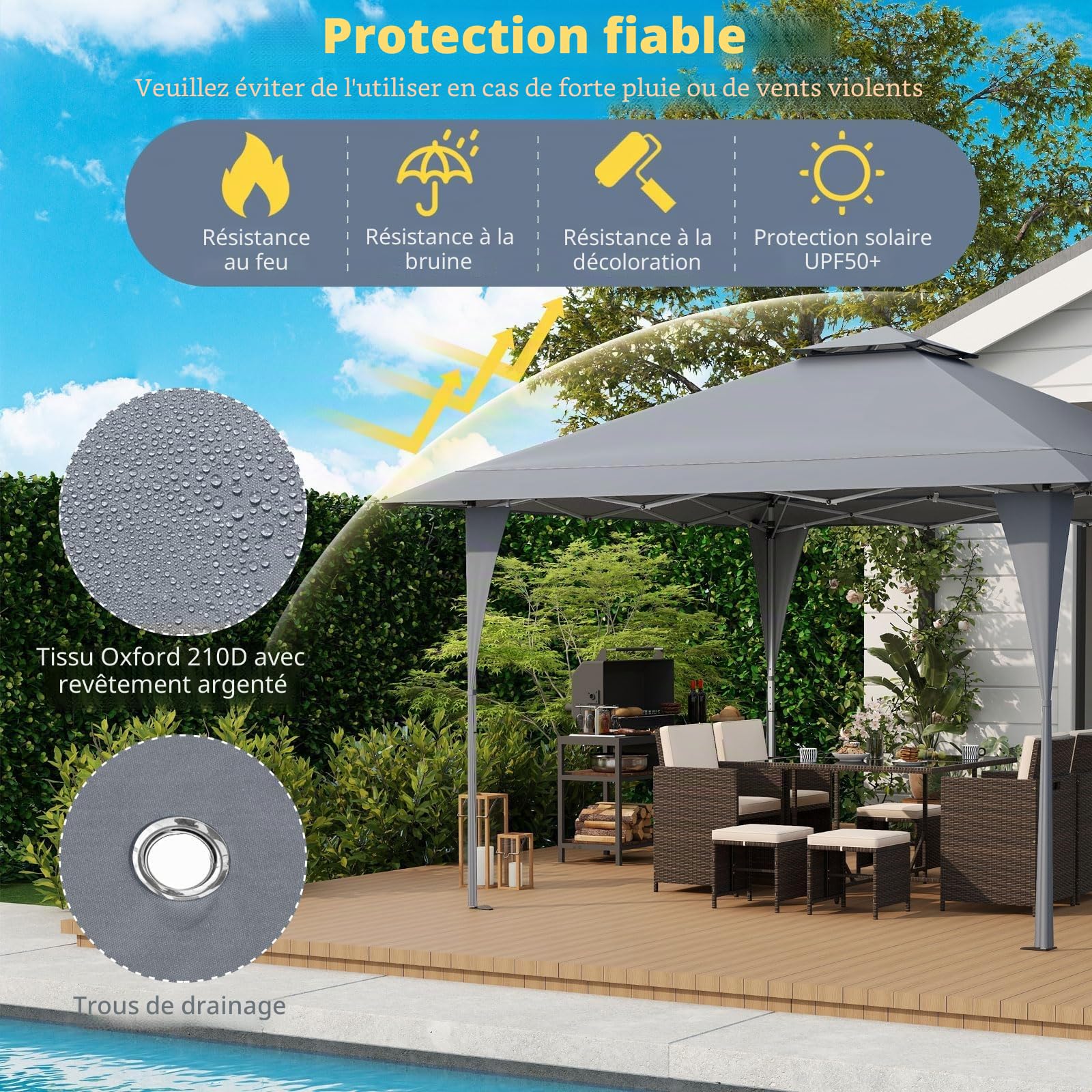 FANTASK Tonnelle Pliante 4 x 4 m, Pop-up avec Double Toit et Cadre en métal, tonnelle de Jardin réglable en Hauteur pour l'extérieur, Le marché et Le Jardin, Gris