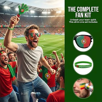 Portugal 2026 World Cup Fan Kit, 6 Pcs Cheering Set for Game Day Watch Party Flag, Fan Scarf, Wristband, Flag Glasses, Hand Clapper, Blendable Face Paint Sticks